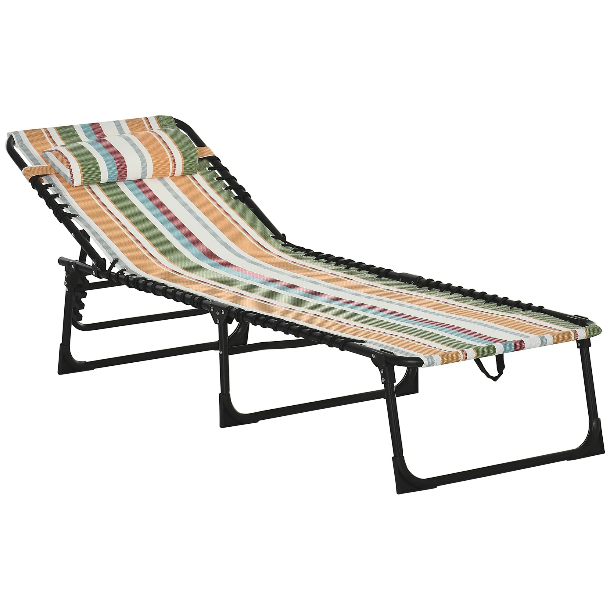 Folding Chaise Lounge Pool Chair with Pillow, 4-Position Reclining, Breathable Mesh, Rainbow Striped