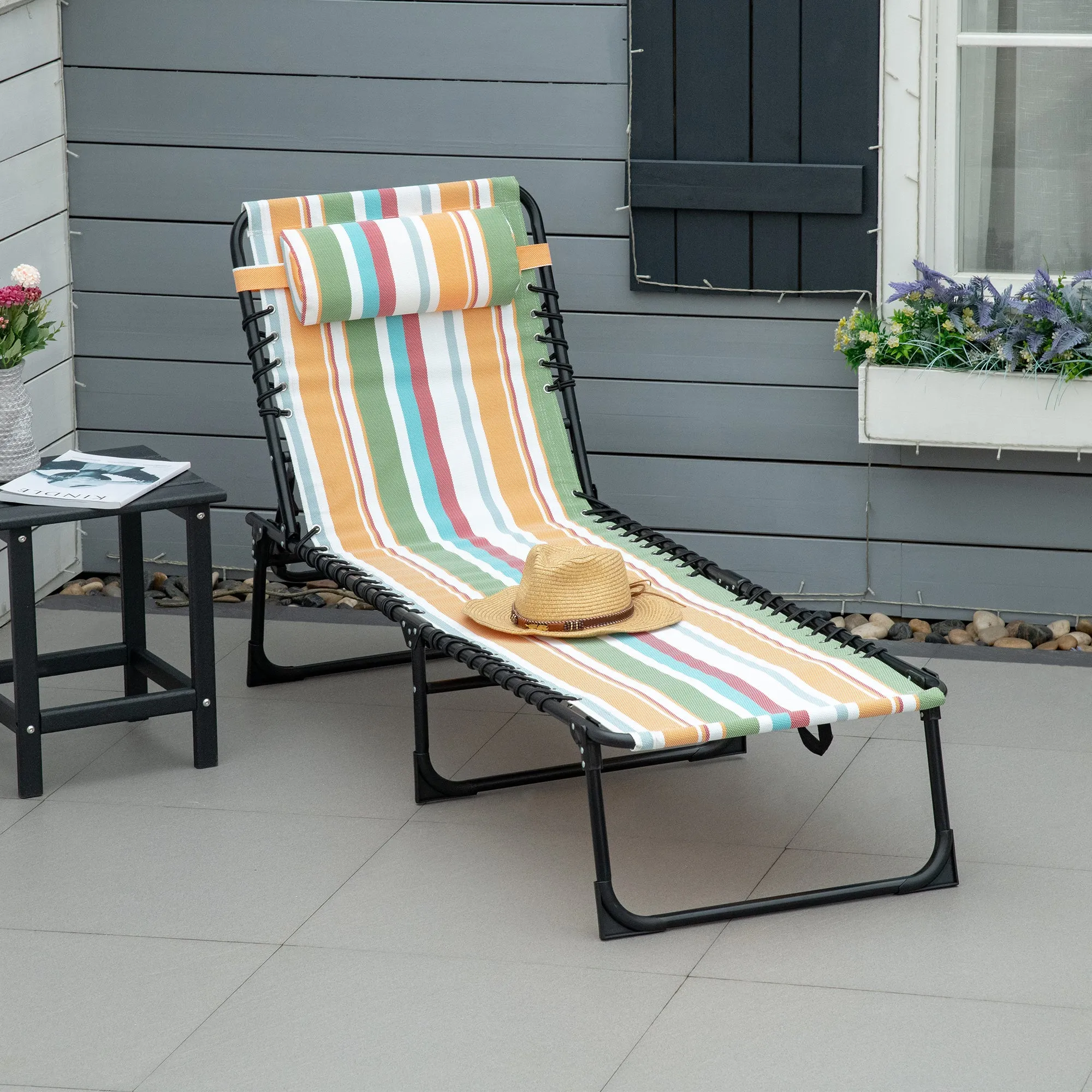 Folding Chaise Lounge Pool Chair with Pillow, 4-Position Reclining, Breathable Mesh, Rainbow Striped