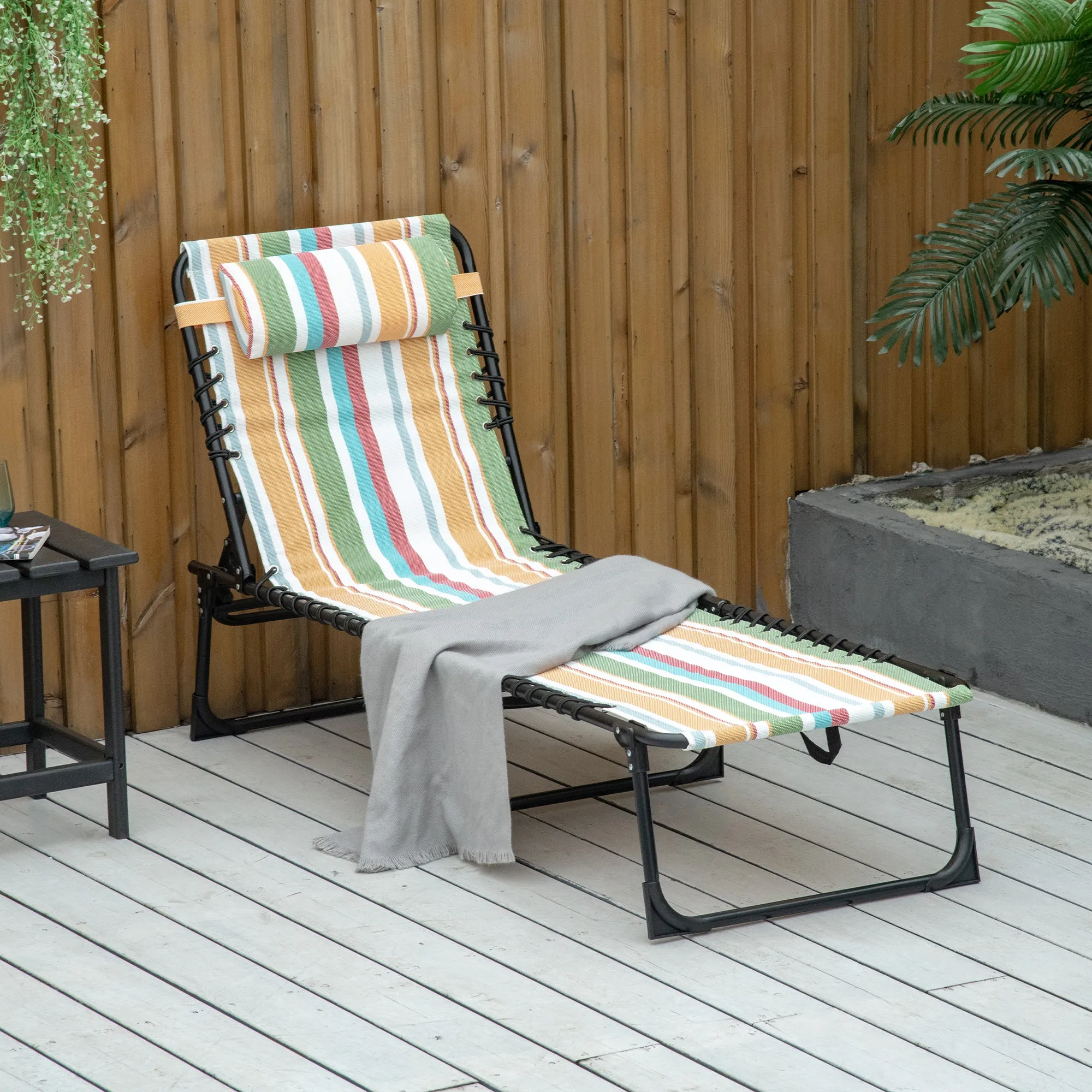 Folding Chaise Lounge Pool Chair with Pillow, 4-Position Reclining, Breathable Mesh, Rainbow Striped