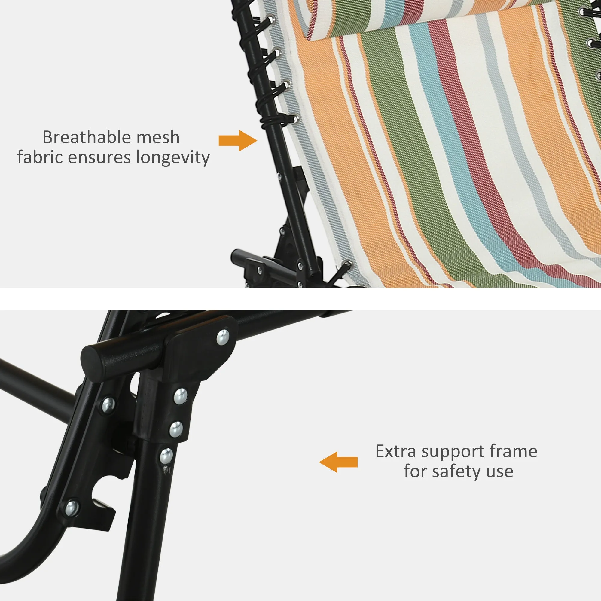Folding Chaise Lounge Pool Chair with Pillow, 4-Position Reclining, Breathable Mesh, Rainbow Striped