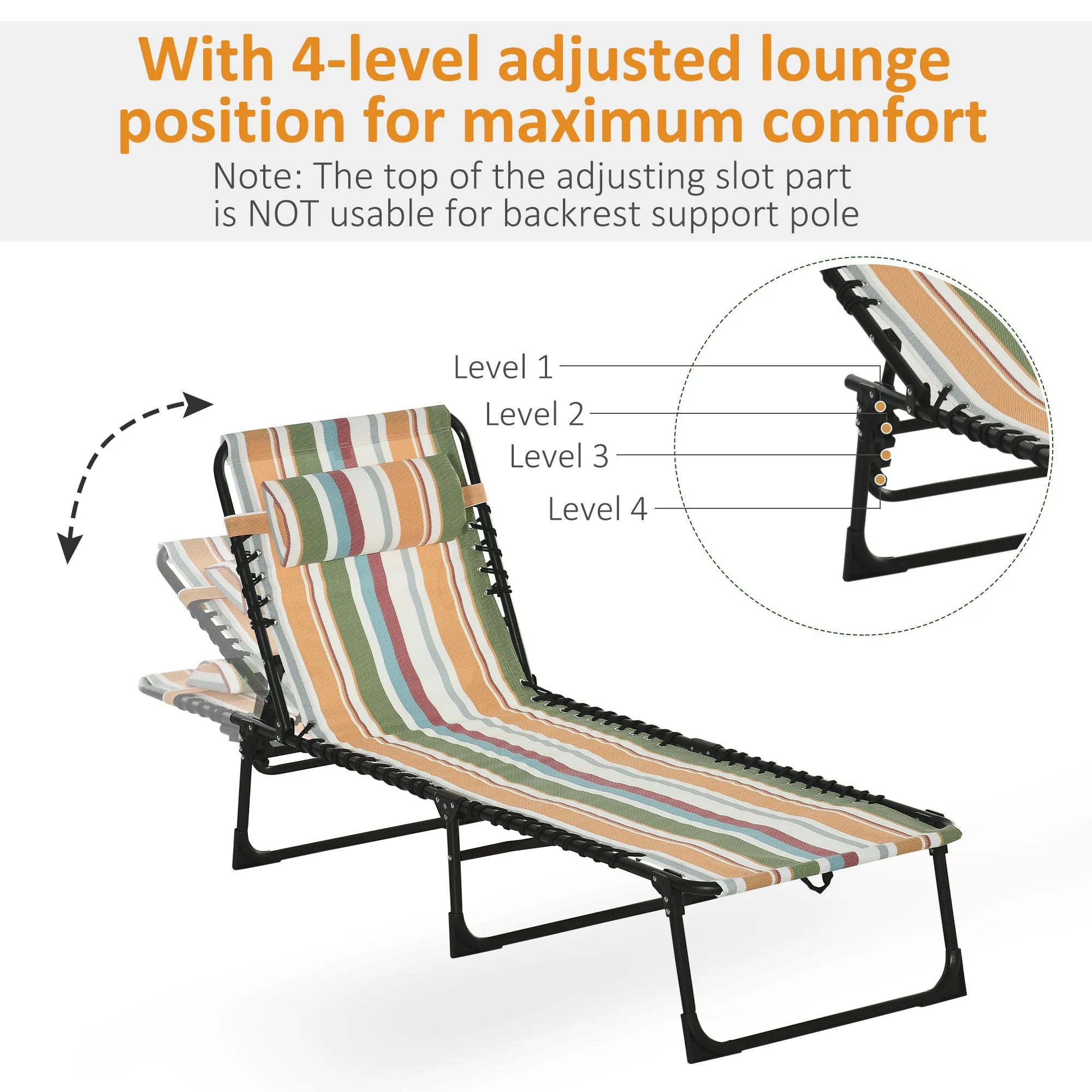 Folding Chaise Lounge Pool Chair with Pillow, 4-Position Reclining, Breathable Mesh, Rainbow Striped