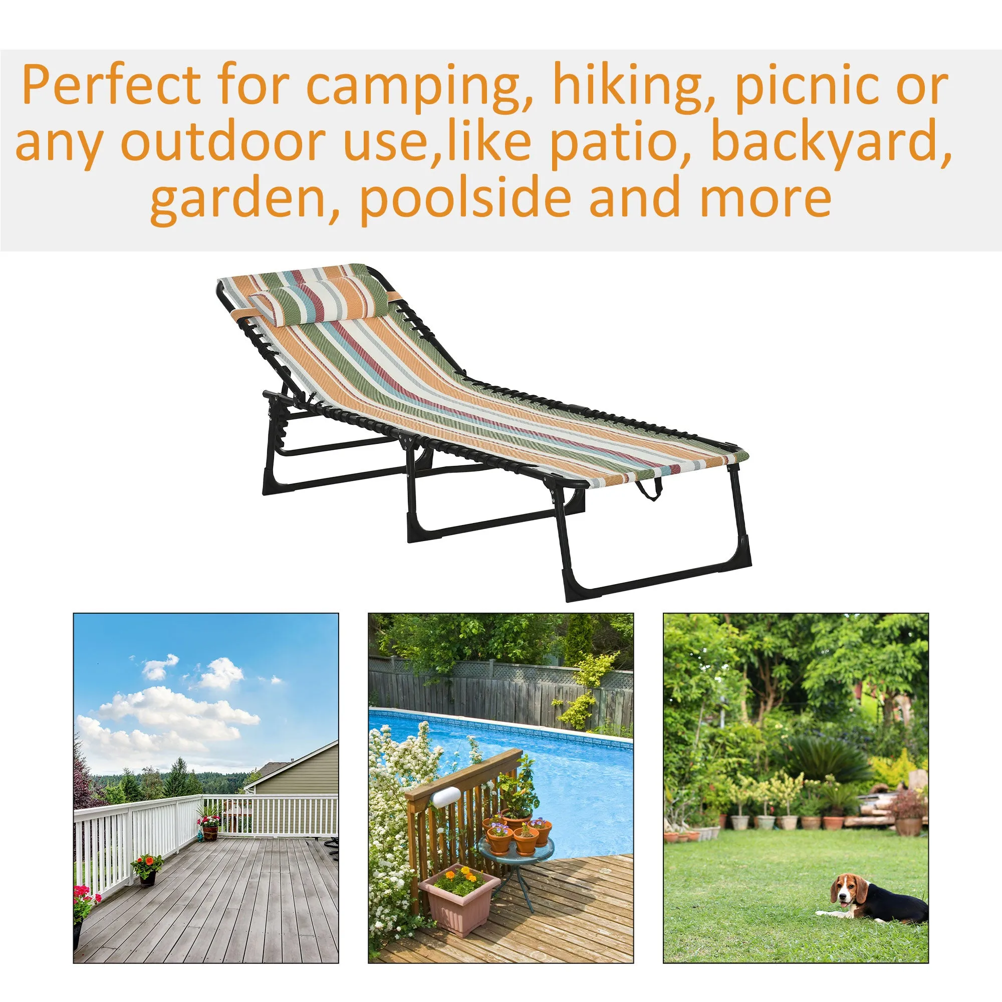 Folding Chaise Lounge Pool Chair with Pillow, 4-Position Reclining, Breathable Mesh, Rainbow Striped