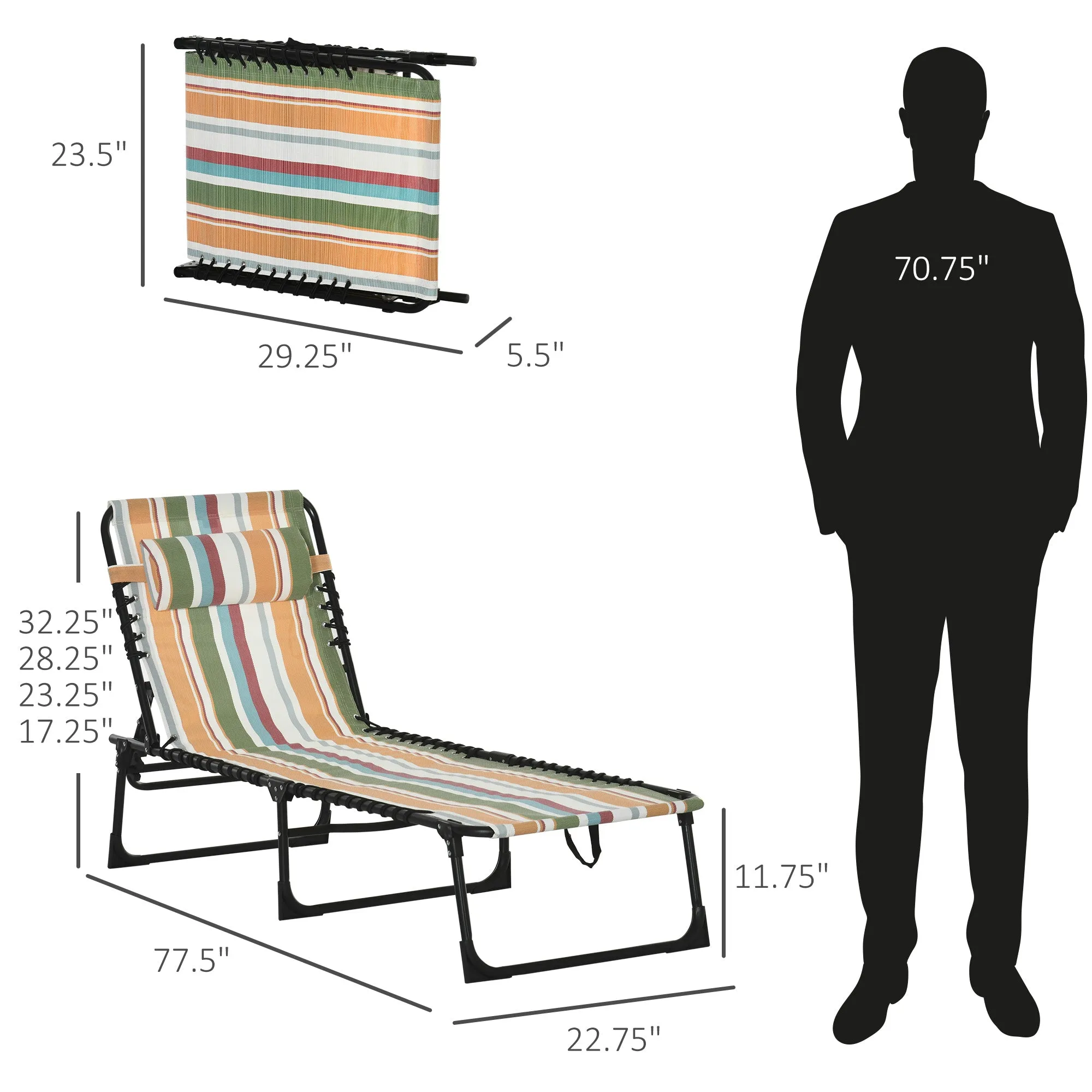 Folding Chaise Lounge Pool Chair with Pillow, 4-Position Reclining, Breathable Mesh, Rainbow Striped
