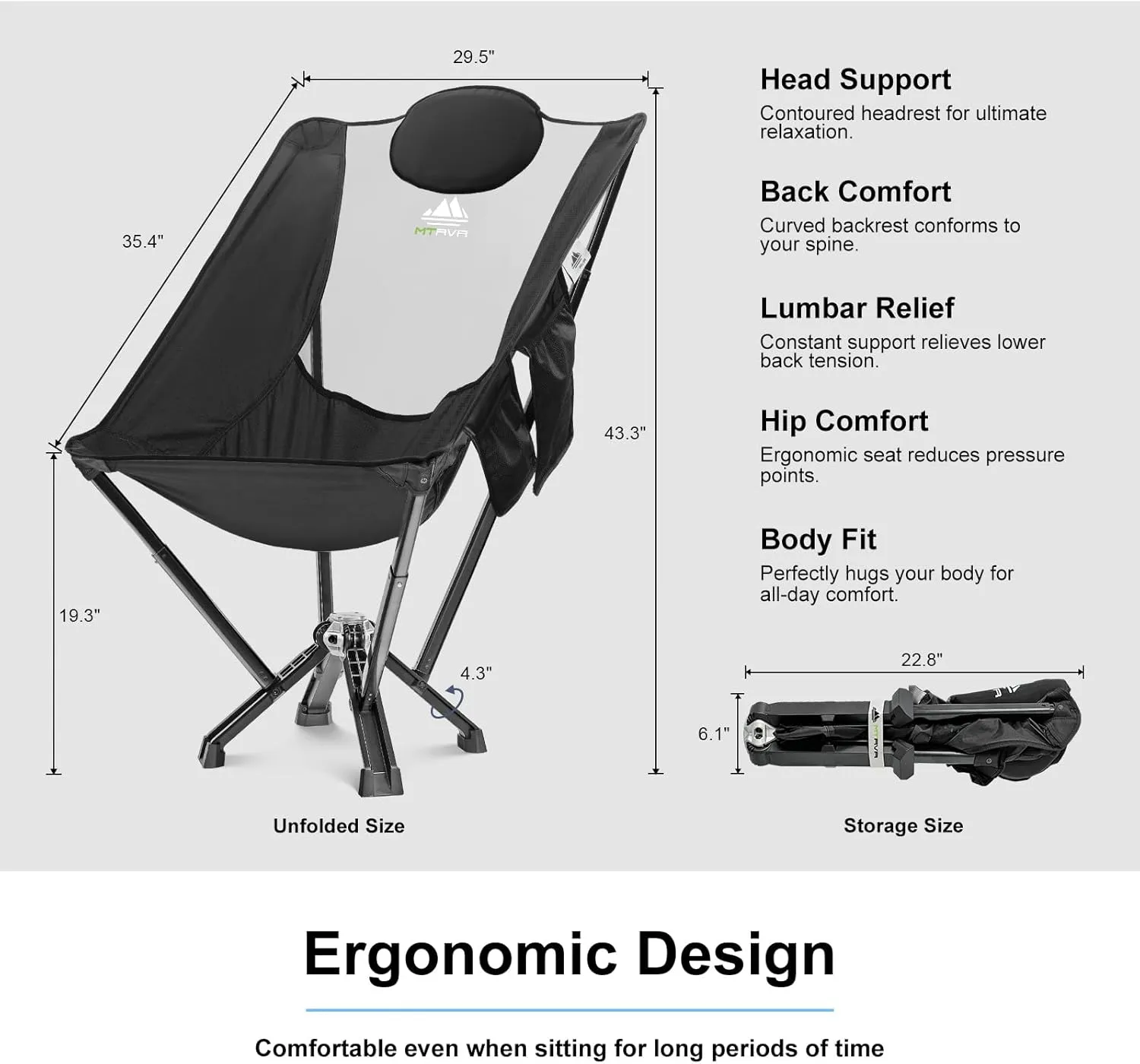 Folding High Back Camp Chair with Headrest Pillow, Widened Aluminum Frame Support 600 LBS, Oversized Portable Outdoor Lounge Patio Chair Mesh Back for Camping, Beach, Poolside, Backyard, Garden