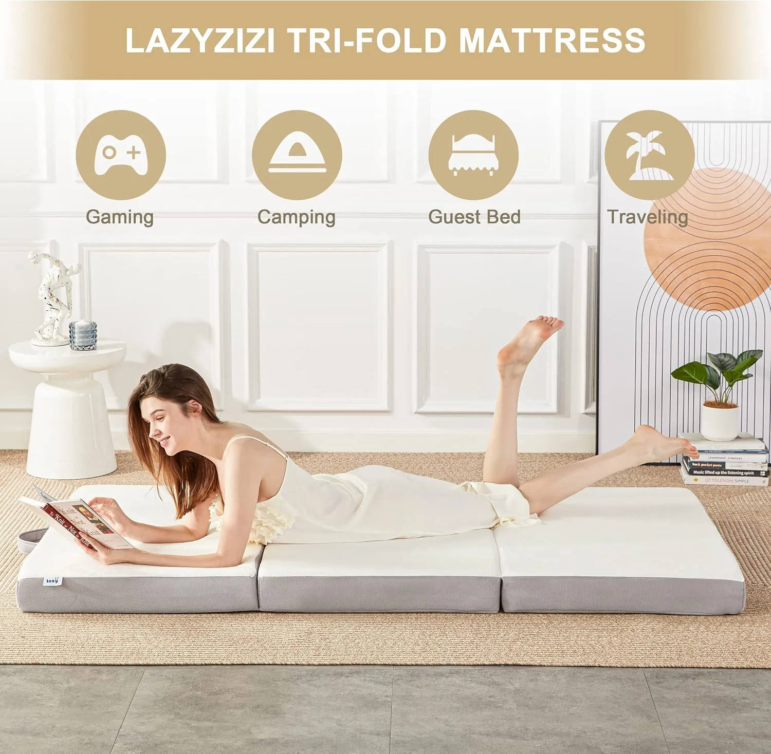Folding Mattress, 4 Inch Memory Foam Foldable Mattress with Breathable & Washable Bamboo Fiber Fabric Cover, Tri-fold Floor Mattress Guest Bed for Camping, Road Trip, Single
