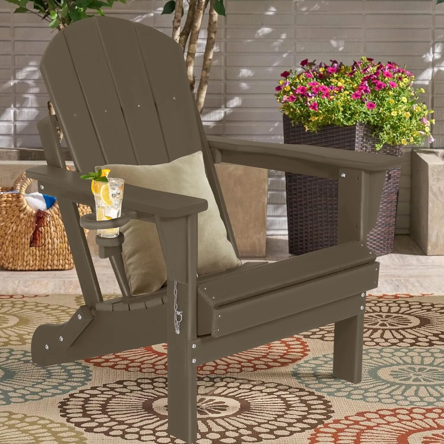 Folding Plastic Adirondack Chair - Outdoor Weather Resistant Adirondack Chairs with Cup Holder, Stackable Seating for Patio, Porch, Deck, Pool, Garden, Backyard (Seat Width 20", Dark Brown)