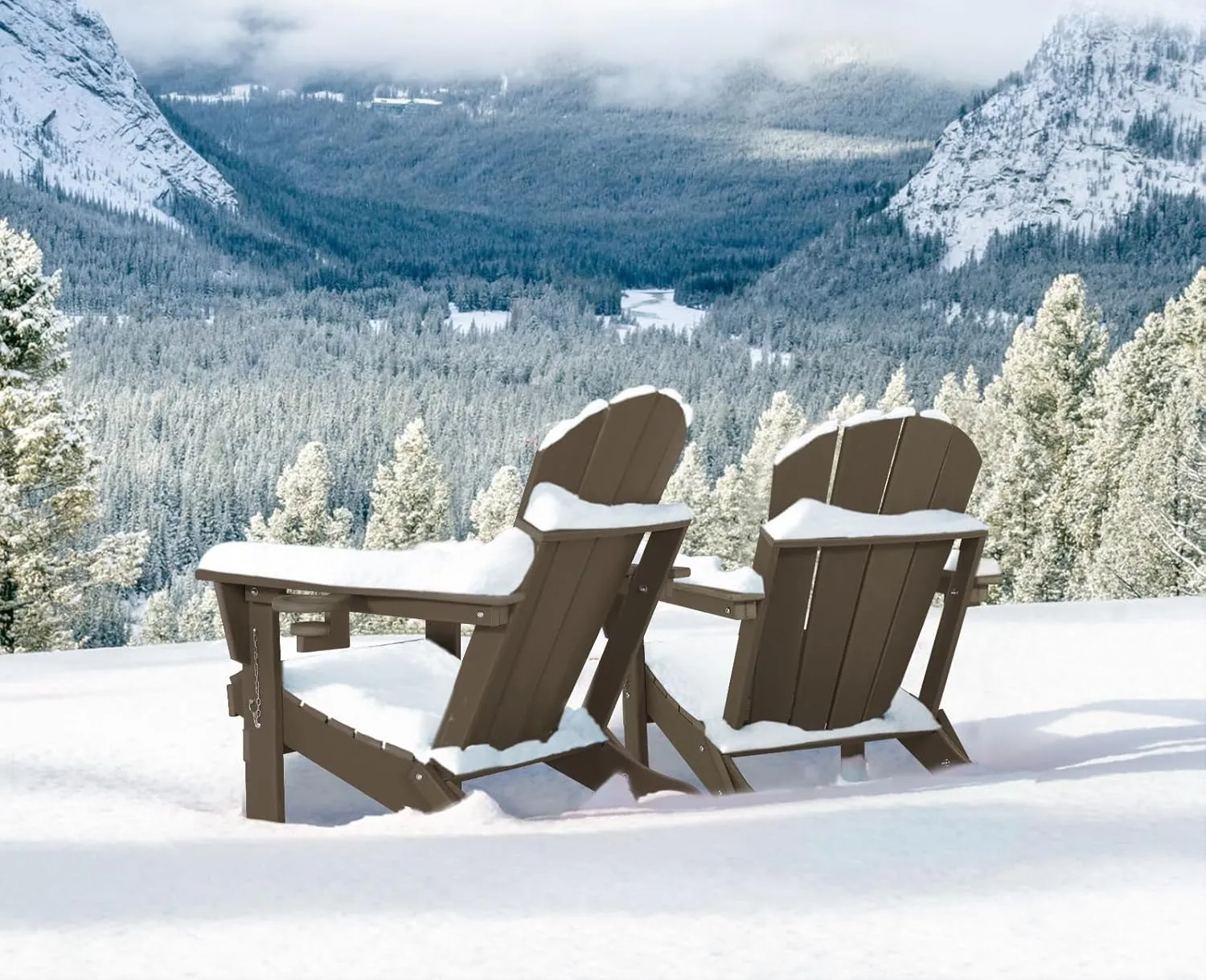 Folding Plastic Adirondack Chair - Outdoor Weather Resistant Adirondack Chairs with Cup Holder, Stackable Seating for Patio, Porch, Deck, Pool, Garden, Backyard (Seat Width 20", Dark Brown)