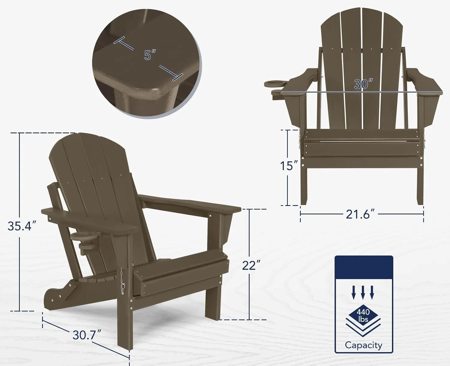 Folding Plastic Adirondack Chair - Outdoor Weather Resistant Adirondack Chairs with Cup Holder, Stackable Seating for Patio, Porch, Deck, Pool, Garden, Backyard (Seat Width 20", Dark Brown)