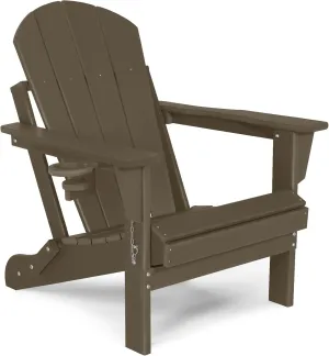 Folding Plastic Adirondack Chair - Outdoor Weather Resistant Adirondack Chairs with Cup Holder, Stackable Seating for Patio, Porch, Deck, Pool, Garden, Backyard (Seat Width 20", Dark Brown)