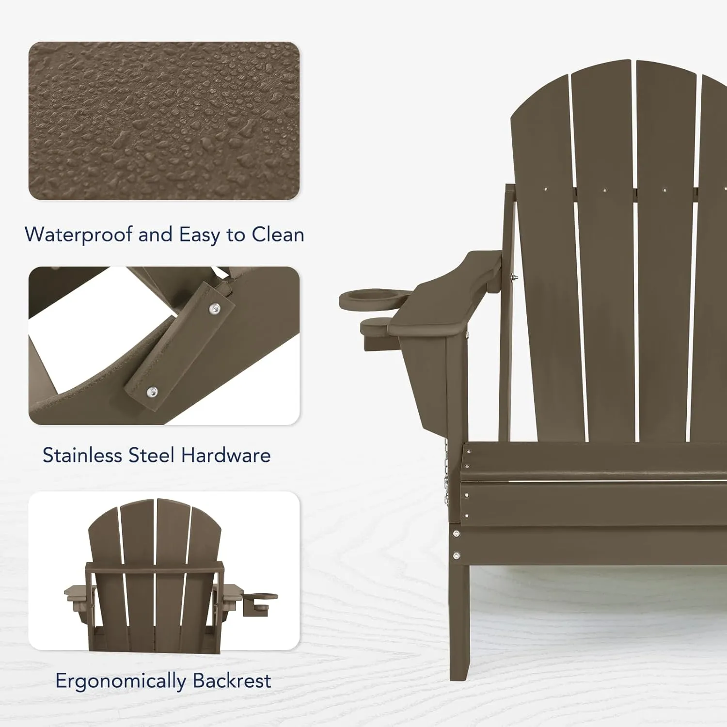 Folding Plastic Adirondack Chair - Outdoor Weather Resistant Adirondack Chairs with Cup Holder, Stackable Seating for Patio, Porch, Deck, Pool, Garden, Backyard (Seat Width 20", Dark Brown)
