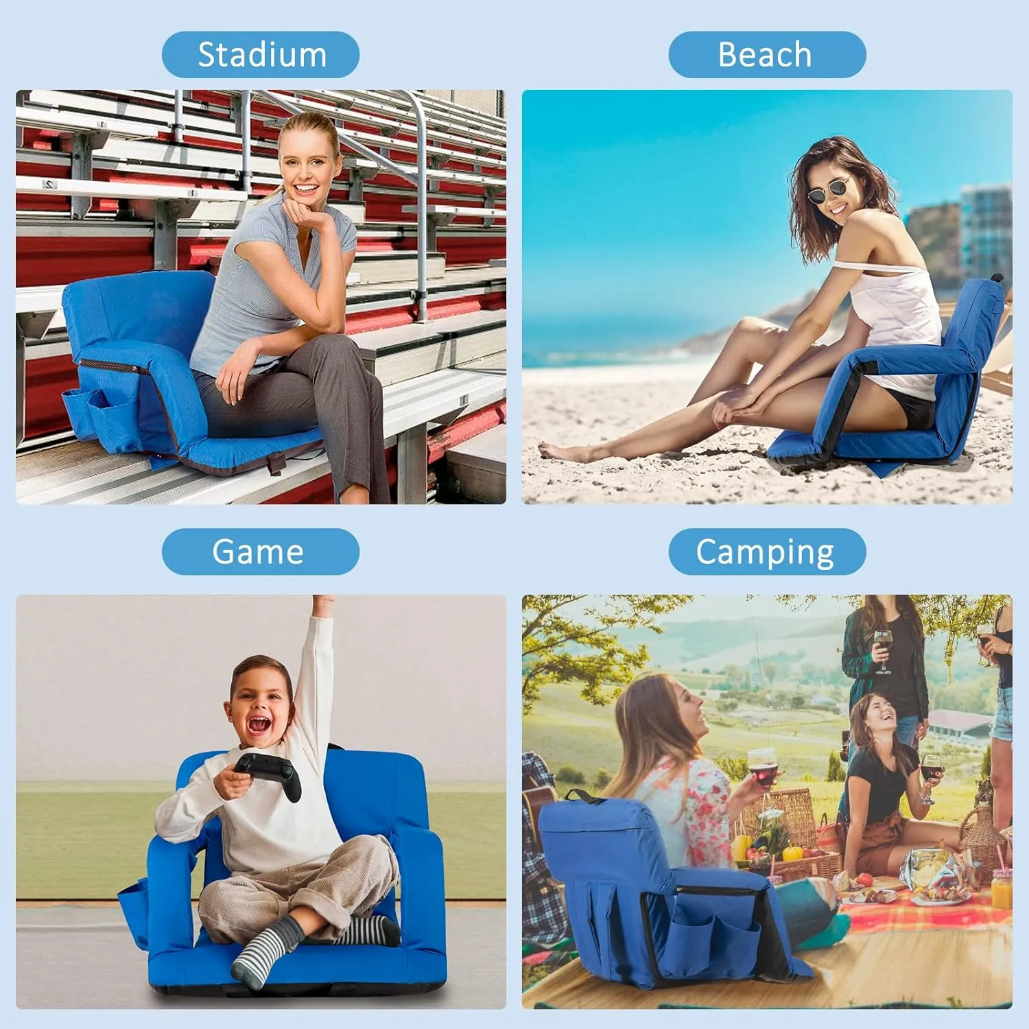 Folding Stadium Seat for Bleachers with Back Support, Bleacher Chairs with Padded Backrest and Adjustable Armrests, 6 Reclining Positions