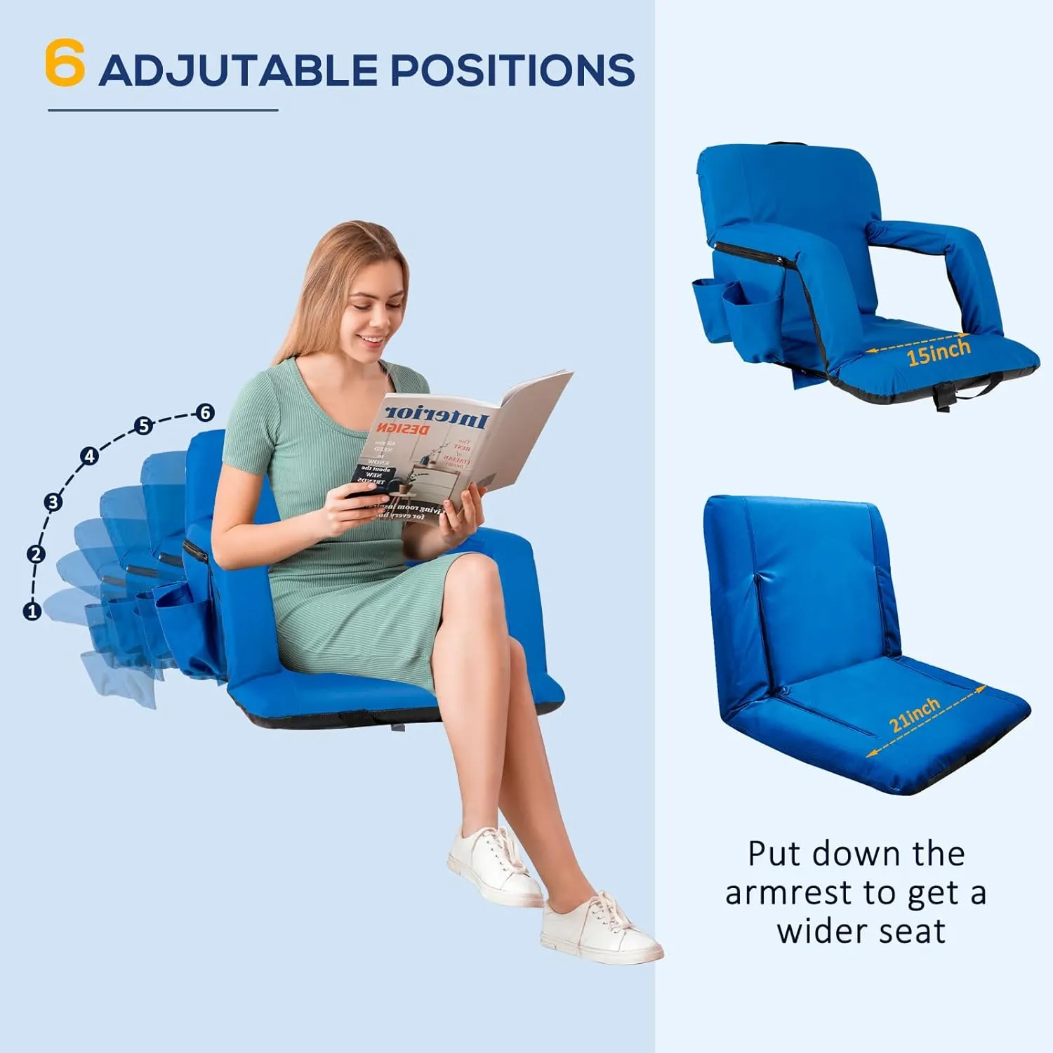 Folding Stadium Seat for Bleachers with Back Support, Bleacher Chairs with Padded Backrest and Adjustable Armrests, 6 Reclining Positions