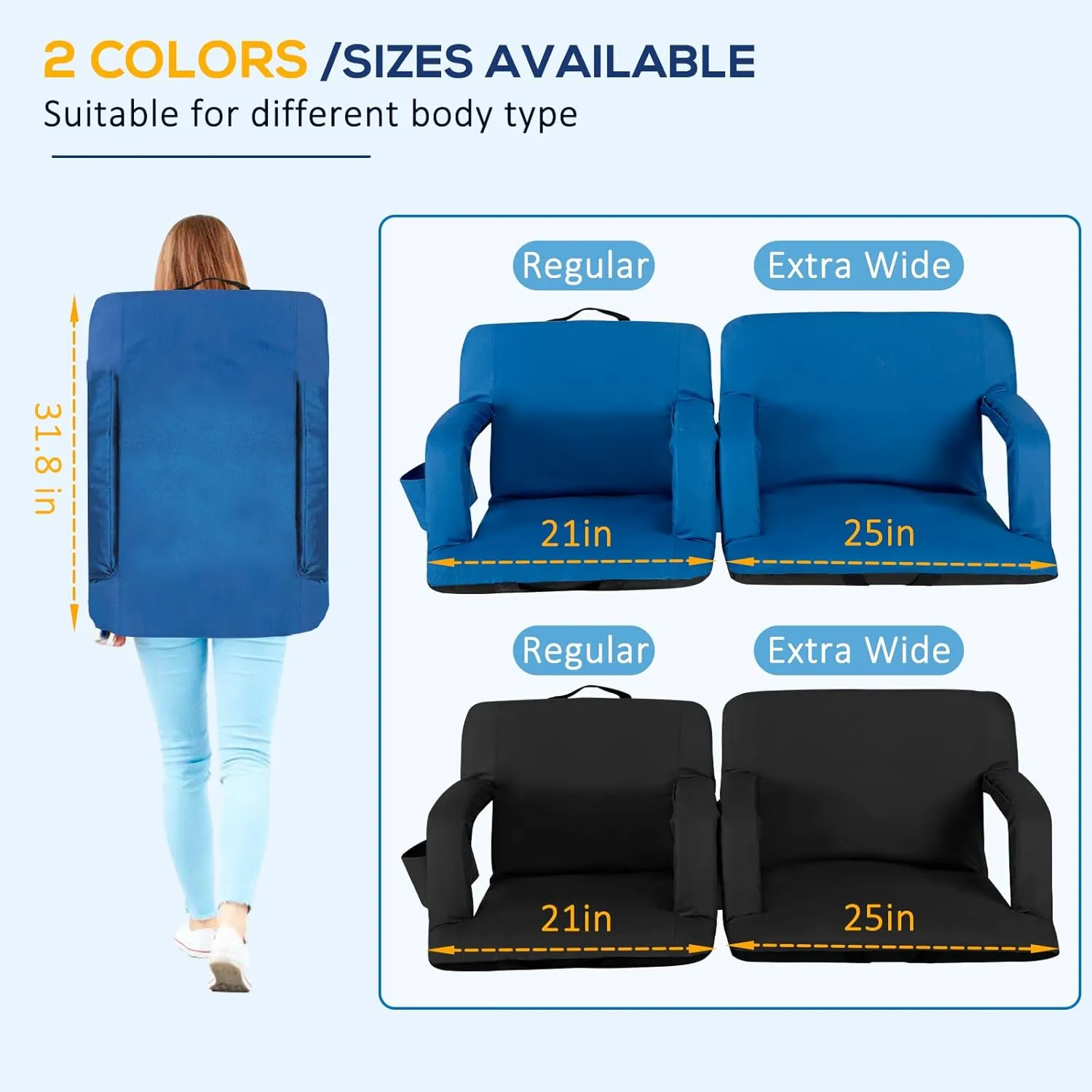 Folding Stadium Seat for Bleachers with Back Support, Bleacher Chairs with Padded Backrest and Adjustable Armrests, 6 Reclining Positions