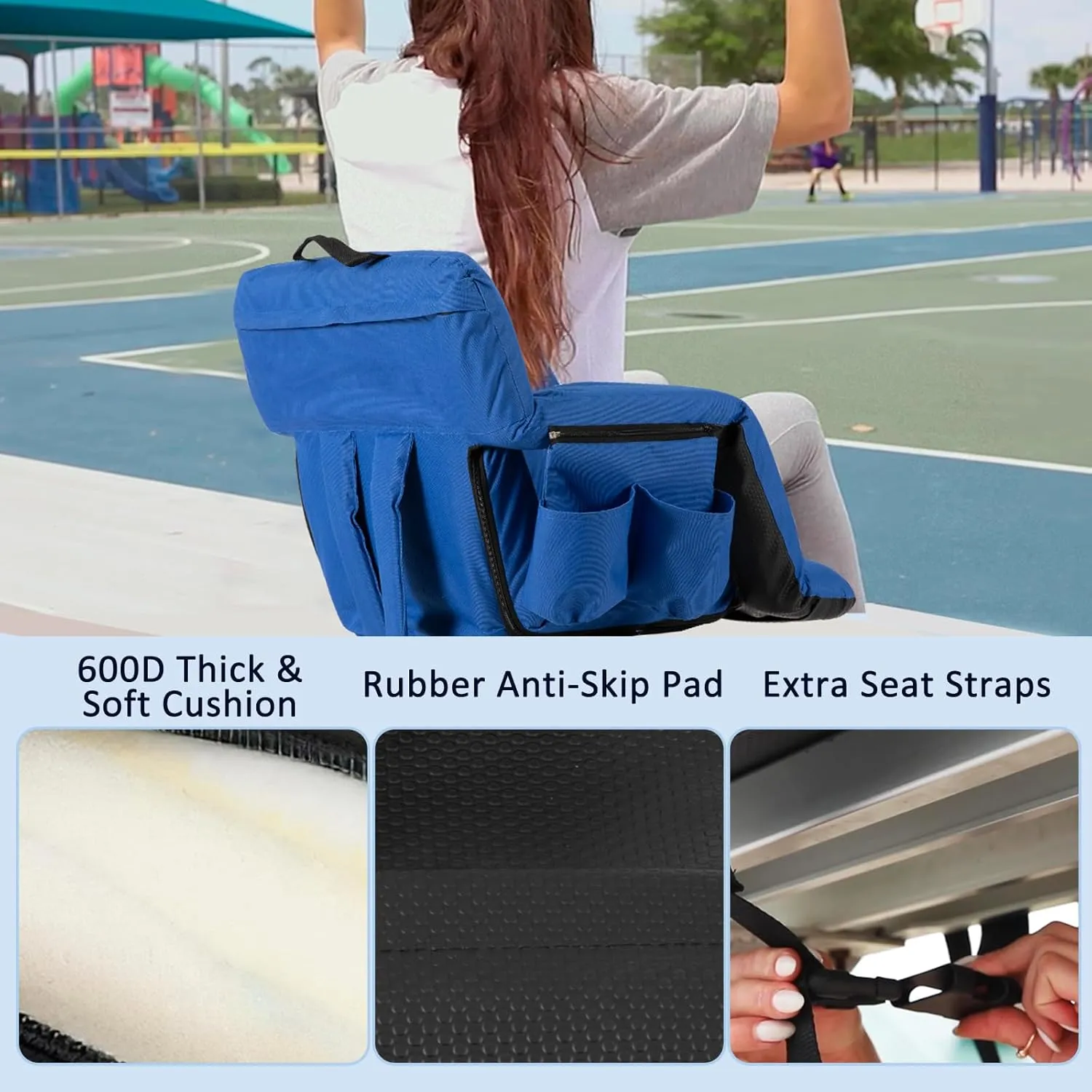 Folding Stadium Seat for Bleachers with Back Support, Bleacher Chairs with Padded Backrest and Adjustable Armrests, 6 Reclining Positions