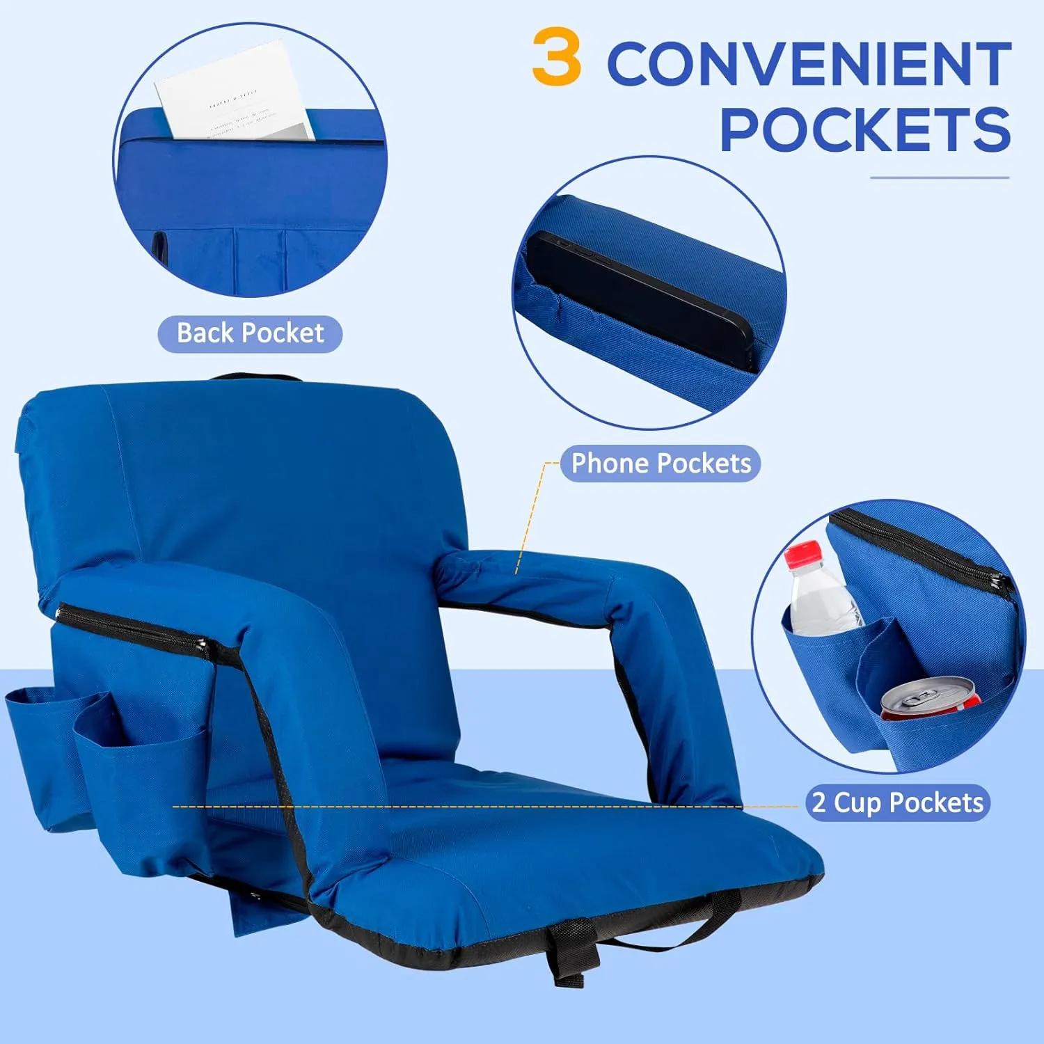 Folding Stadium Seat for Bleachers with Back Support, Bleacher Chairs with Padded Backrest and Adjustable Armrests, 6 Reclining Positions