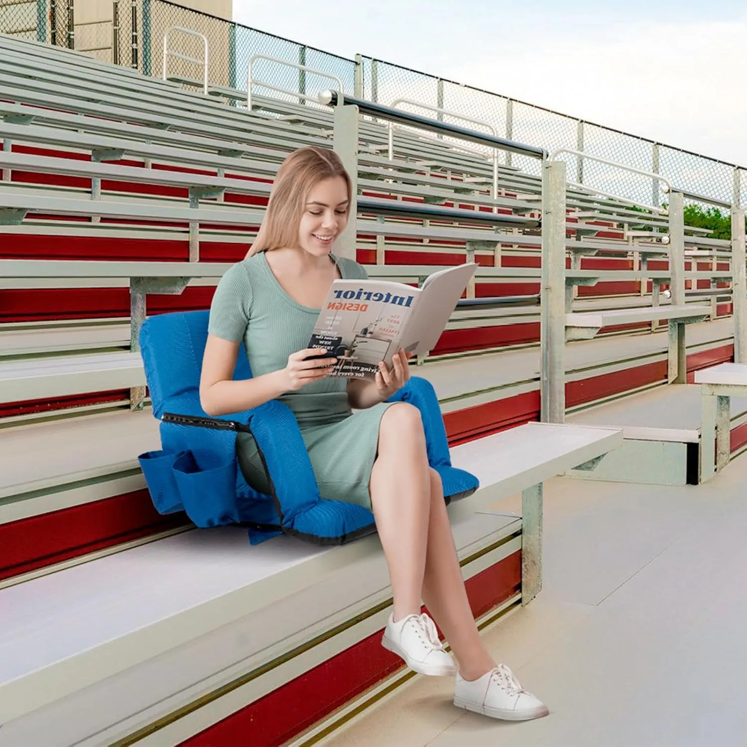 Folding Stadium Seat for Bleachers with Back Support, Bleacher Chairs with Padded Backrest and Adjustable Armrests, 6 Reclining Positions