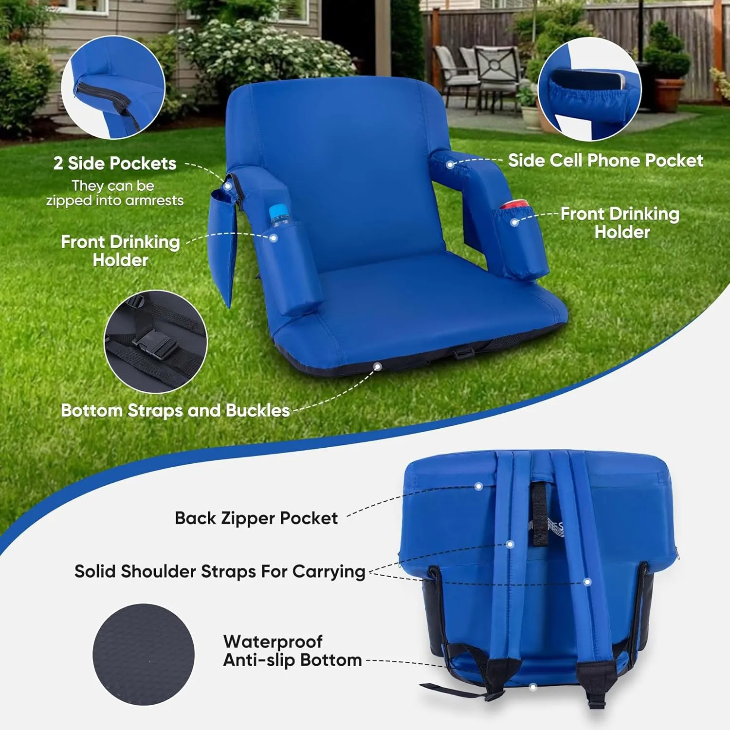 Folding Stadium Seat with Adjustable Back Support - Extra Wide 25'' Bleacher Chairs w/Armrests, Thick Padding - Stadium Cushion Camping Chairs, 6 Pockets, Blue