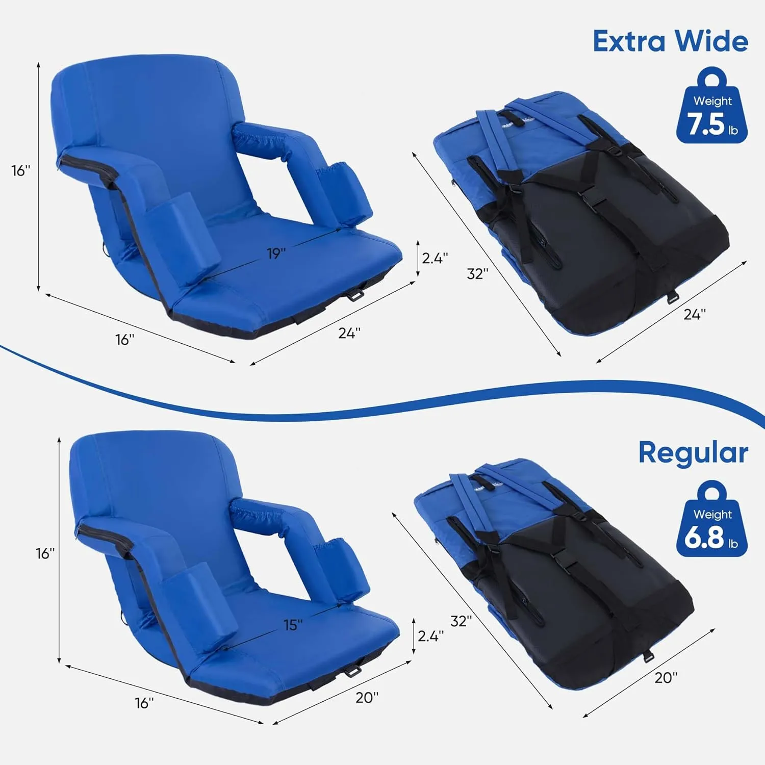 Folding Stadium Seat with Adjustable Back Support - Extra Wide 25'' Bleacher Chairs w/Armrests, Thick Padding - Stadium Cushion Camping Chairs, 6 Pockets, Blue