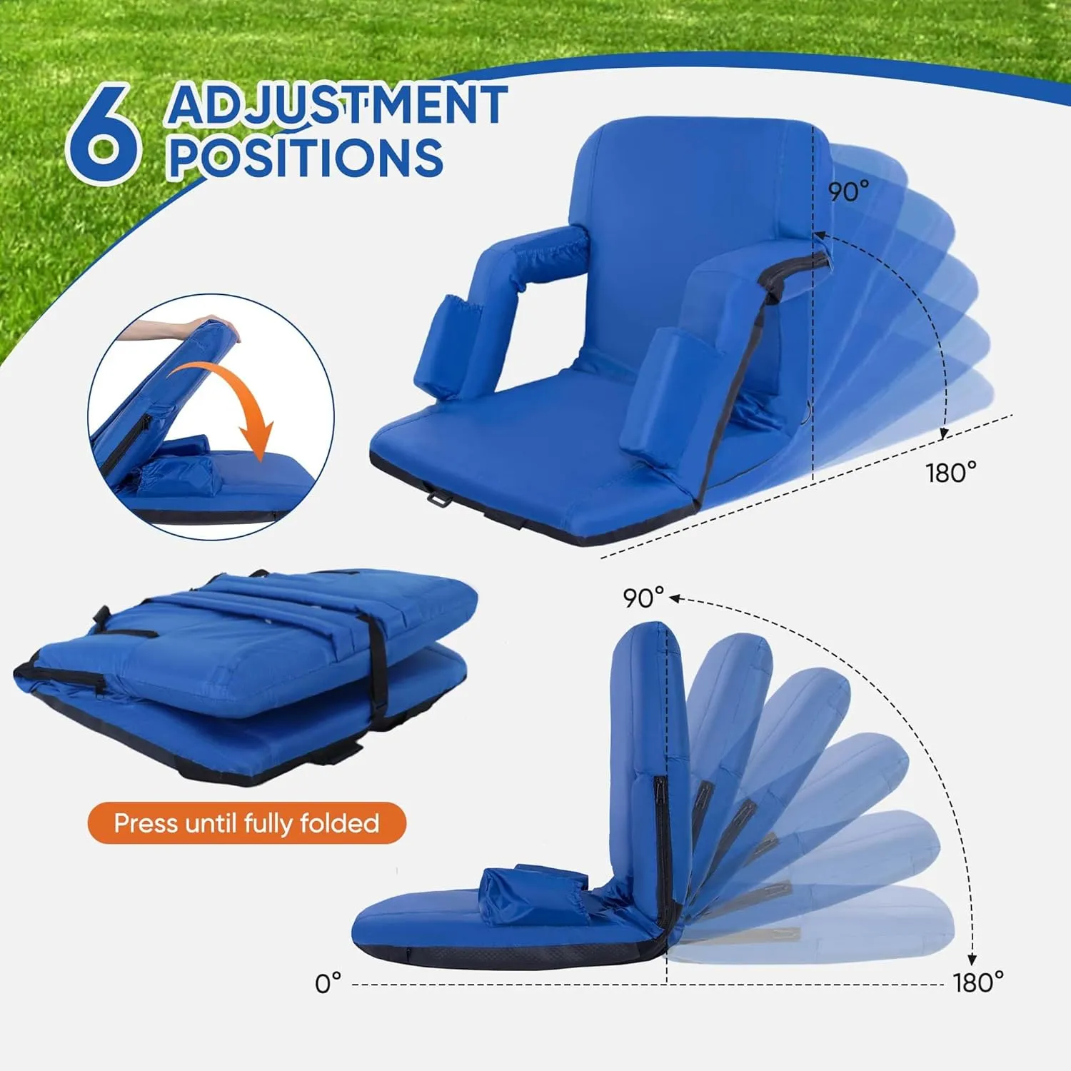 Folding Stadium Seat with Adjustable Back Support - Extra Wide 25'' Bleacher Chairs w/Armrests, Thick Padding - Stadium Cushion Camping Chairs, 6 Pockets, Blue