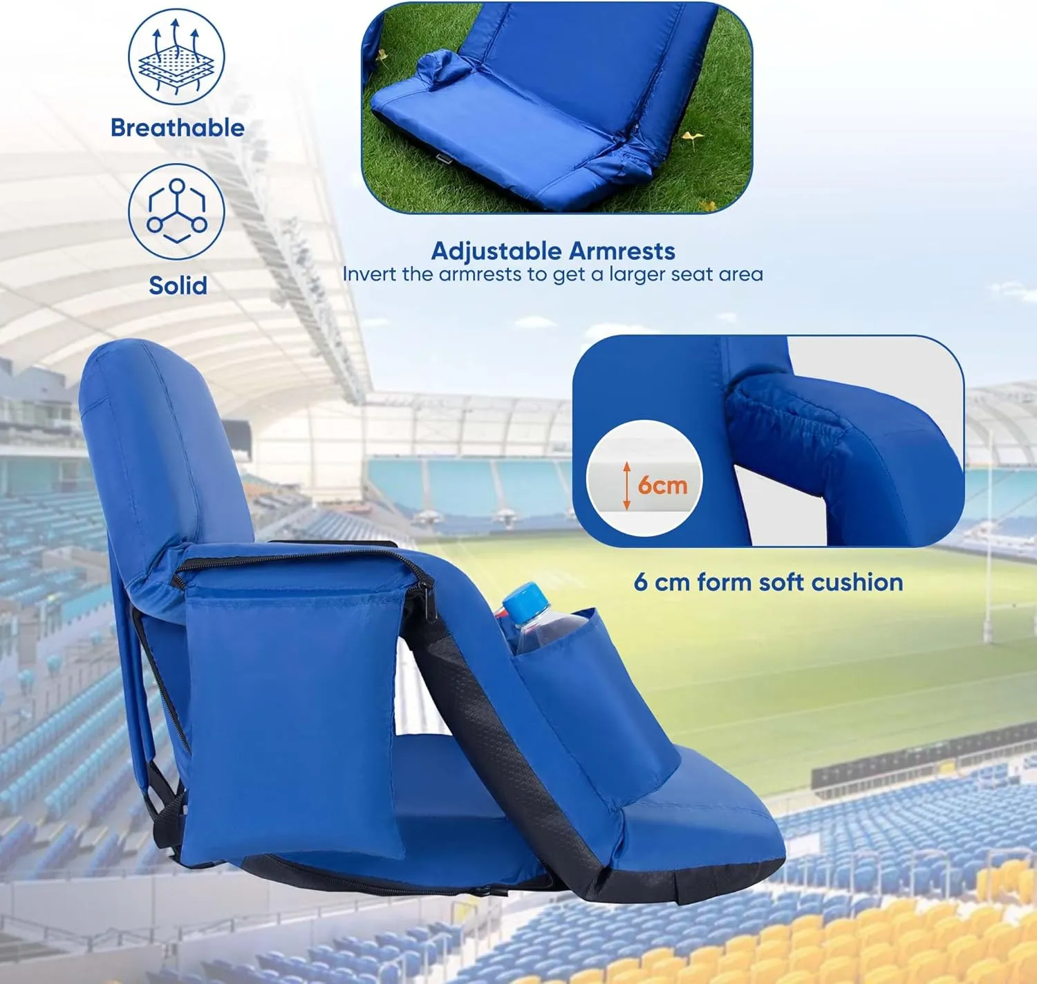 Folding Stadium Seat with Adjustable Back Support - Extra Wide 25'' Bleacher Chairs w/Armrests, Thick Padding - Stadium Cushion Camping Chairs, 6 Pockets, Blue