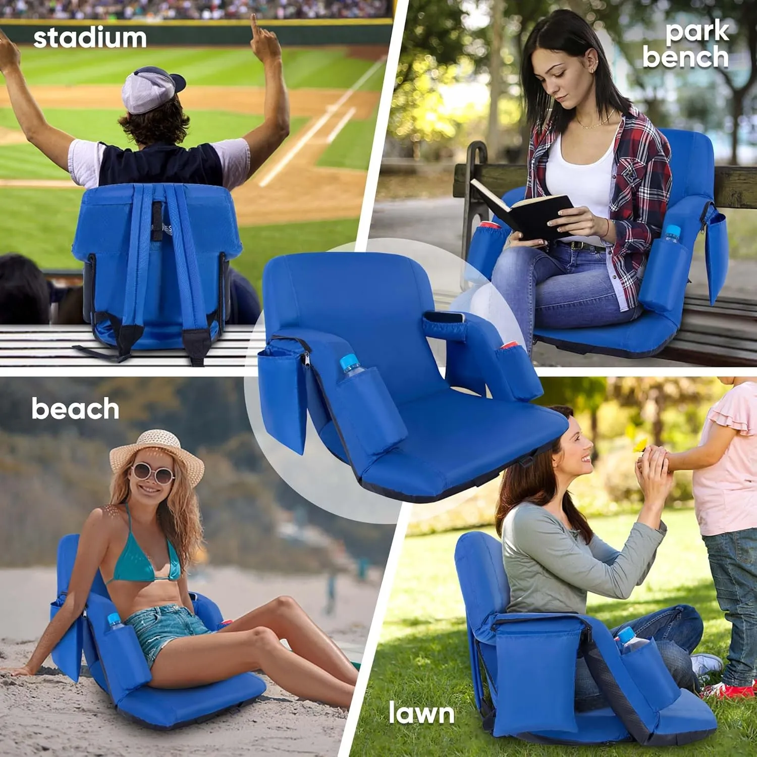Folding Stadium Seat with Adjustable Back Support - Extra Wide 25'' Bleacher Chairs w/Armrests, Thick Padding - Stadium Cushion Camping Chairs, 6 Pockets, Blue