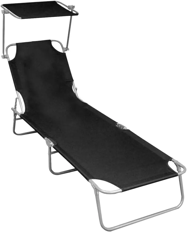 Folding Sun Lounger with Canopy Black Aluminumcamping Chairs Recliner Chair Patio Chairs Outdoor Lounge chairsSuitable for Gardens, courtyards