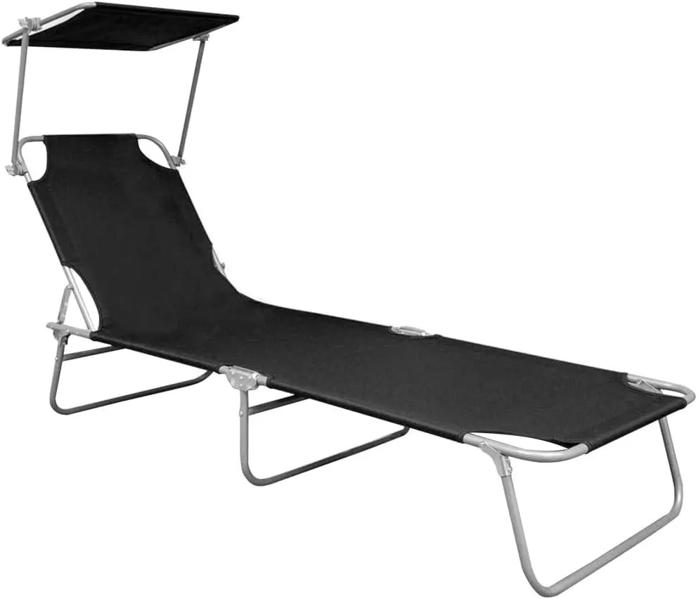 Folding Sun Lounger with Canopy Black Aluminumcamping Chairs Recliner Chair Patio Chairs Outdoor Lounge chairsSuitable for Gardens, courtyards
