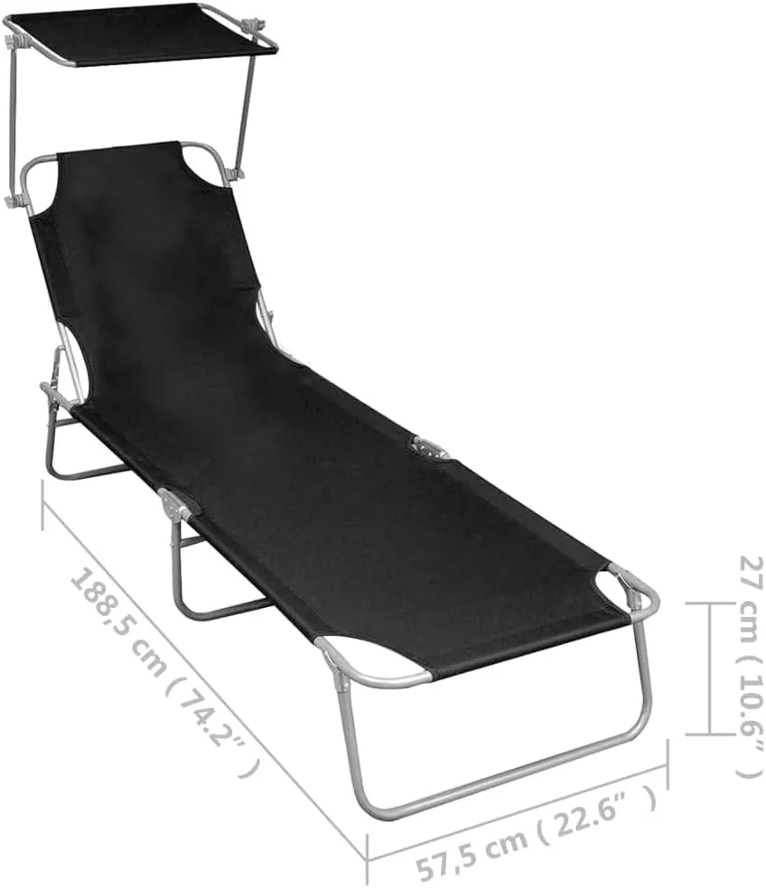Folding Sun Lounger with Canopy Black Aluminumcamping Chairs Recliner Chair Patio Chairs Outdoor Lounge chairsSuitable for Gardens, courtyards