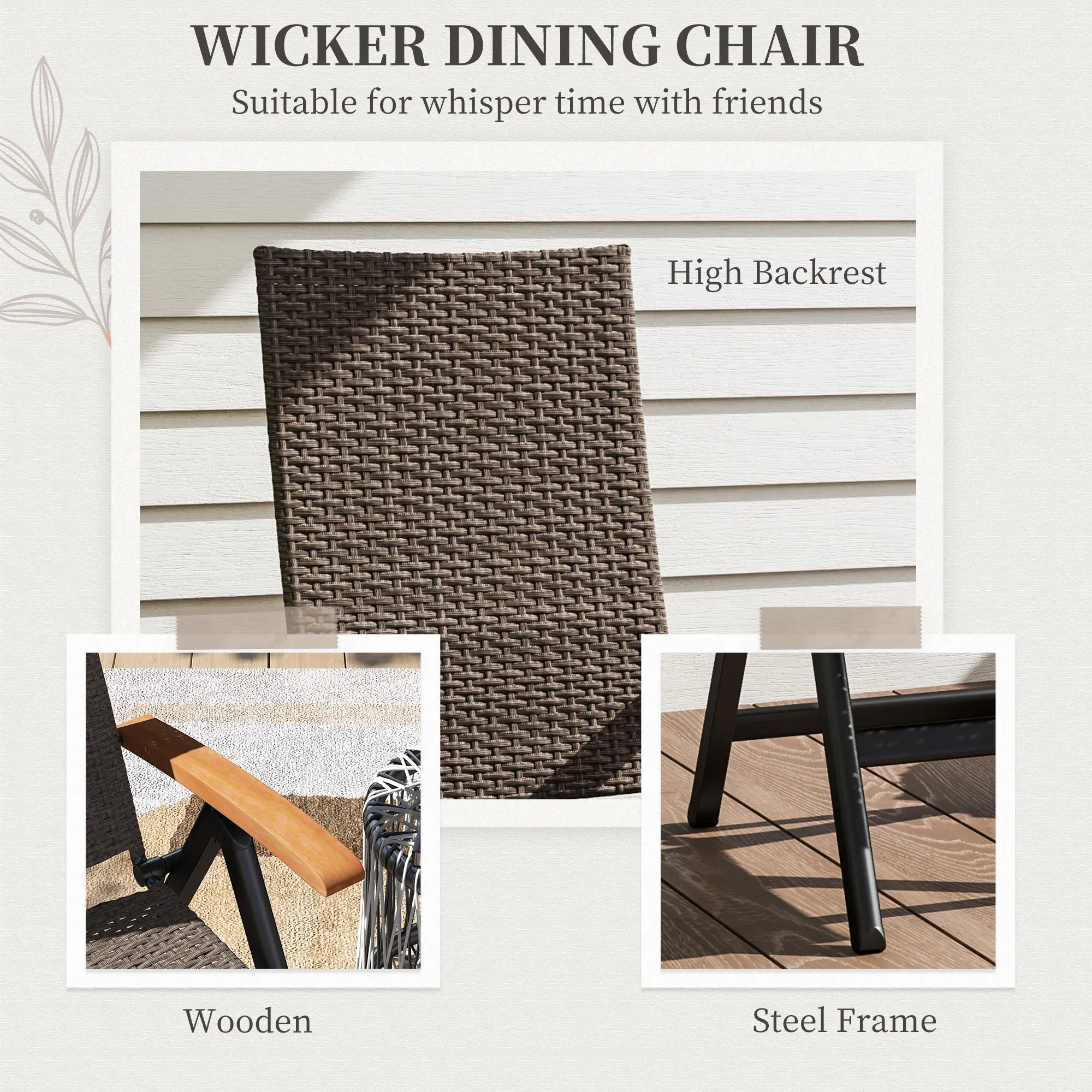 Folding Wicker Dining Chair, PE Rattan Patio Dining Chair Outdoor with Steel Frame, Armrest, Backrest for Garden, Backyard, Porch, Brown