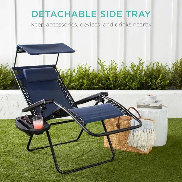 Folding Zero Gravity Recliner Patio Lounge Chair w/ Canopy, Side Tray