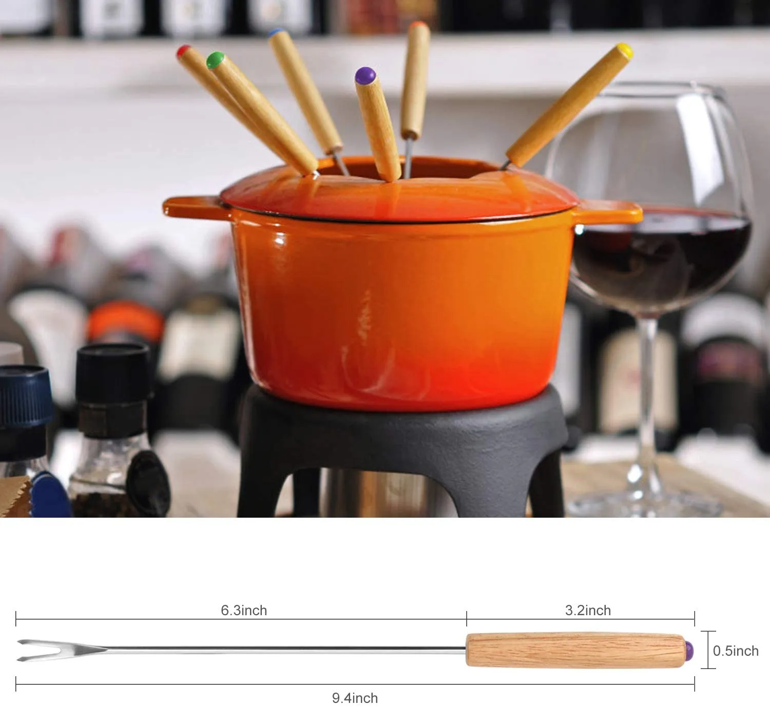 Fondue Fork, 18Pcs Stainless Steel Color Coding Fondue Forks with Oak Wood Handle Heat Resistant for Chocolate Fountain Cheese Fondue Roast Marshmallows, 9.5 Inch