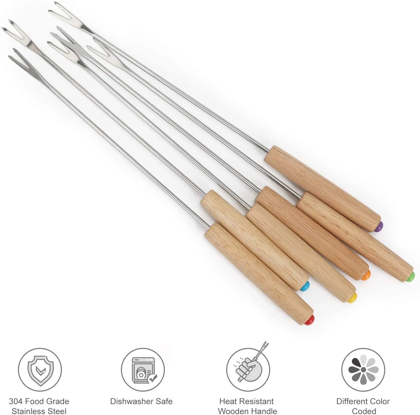Fondue Fork, 18Pcs Stainless Steel Color Coding Fondue Forks with Oak Wood Handle Heat Resistant for Chocolate Fountain Cheese Fondue Roast Marshmallows, 9.5 Inch