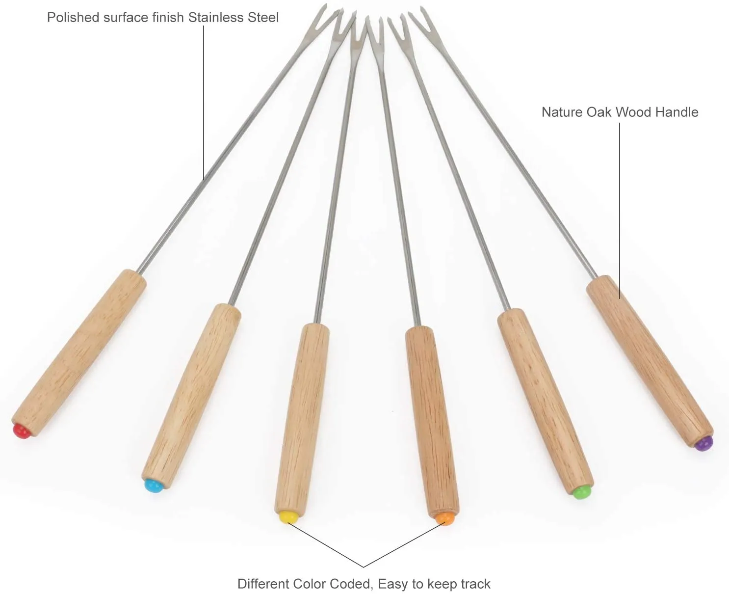 Fondue Fork, 18Pcs Stainless Steel Color Coding Fondue Forks with Oak Wood Handle Heat Resistant for Chocolate Fountain Cheese Fondue Roast Marshmallows, 9.5 Inch