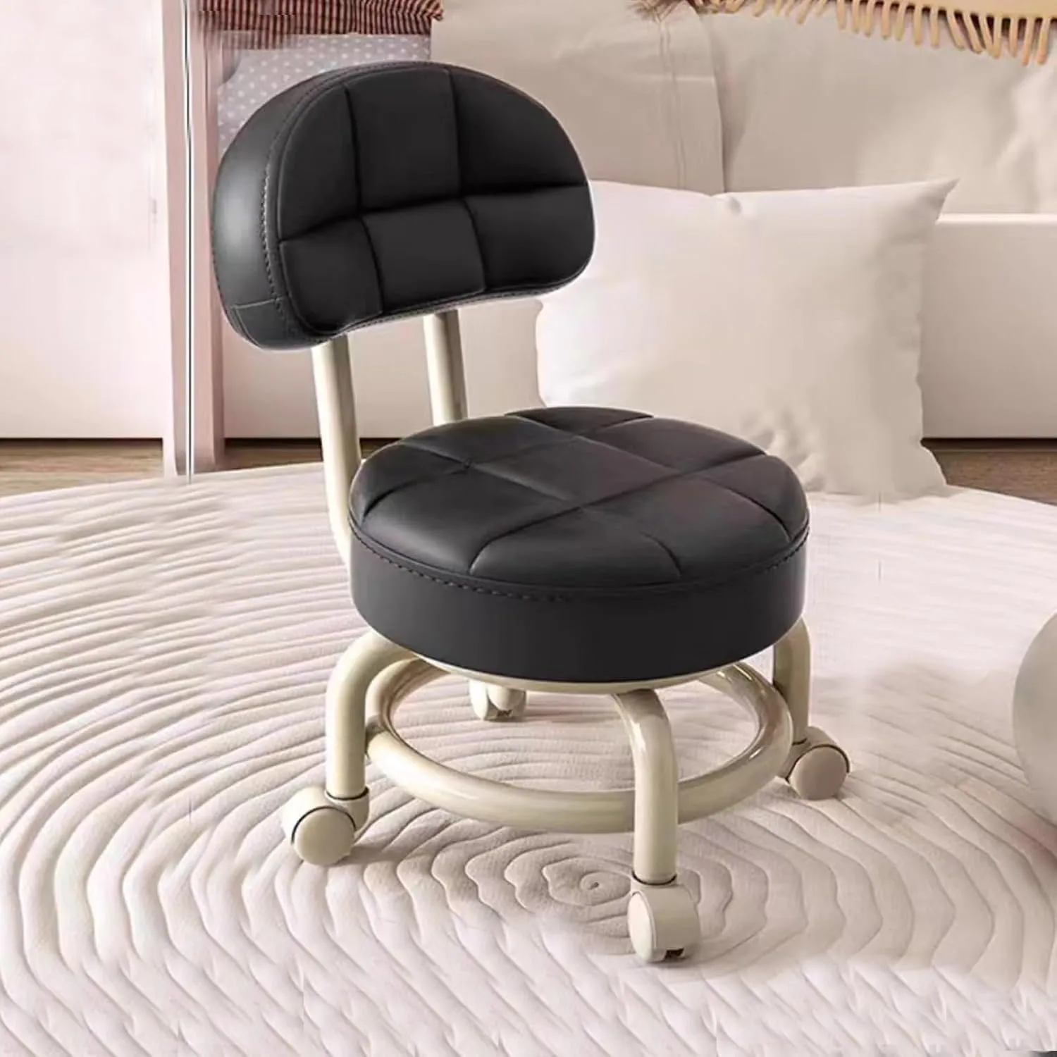 Footstool Swivel Stool Small Low Rolling Stool Work Stool backrest 360° Rolling Stool Low Stool with Wheels Rotating Workshop Stool(Braun) (Dark Grey) (Black)