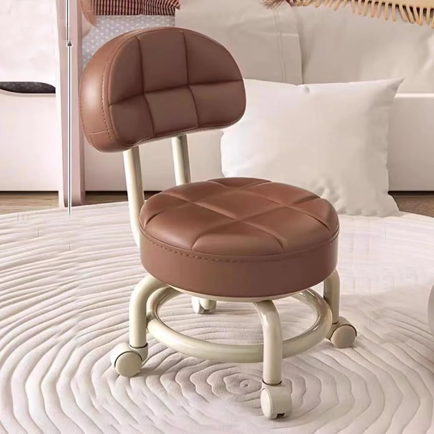 Footstool Swivel Stool Small Low Rolling Stool Work Stool backrest 360° Rolling Stool Low Stool with Wheels Rotating Workshop Stool(Braun) (Dark Grey) (Braun)
