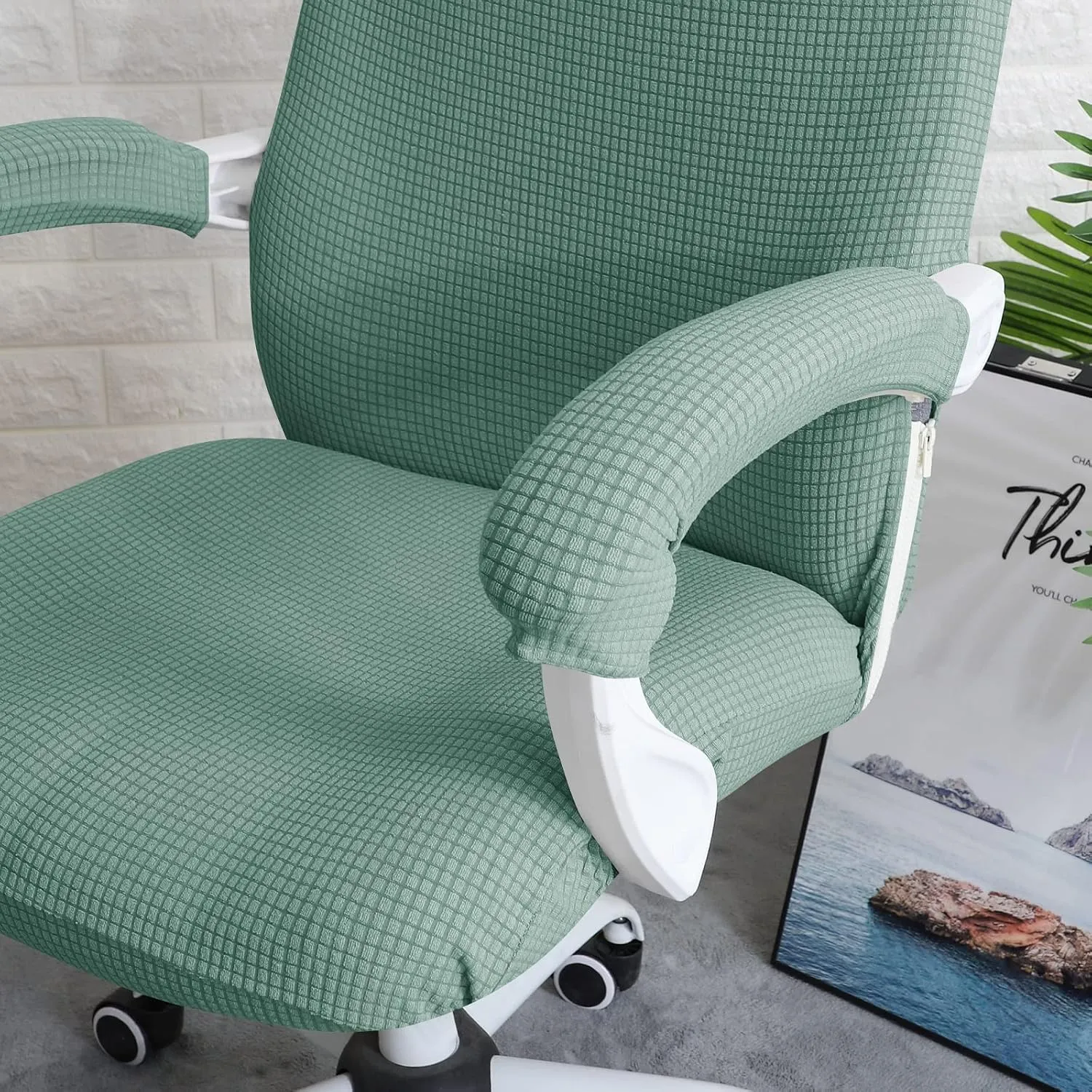 FORCHEER Office Chair Cover Water Repellent Jacquard Armrest Swivel Chair Slipcovers Removable Stretch Universal Computer Chair Cover M with Chair Arm Cover 2P-Army Green