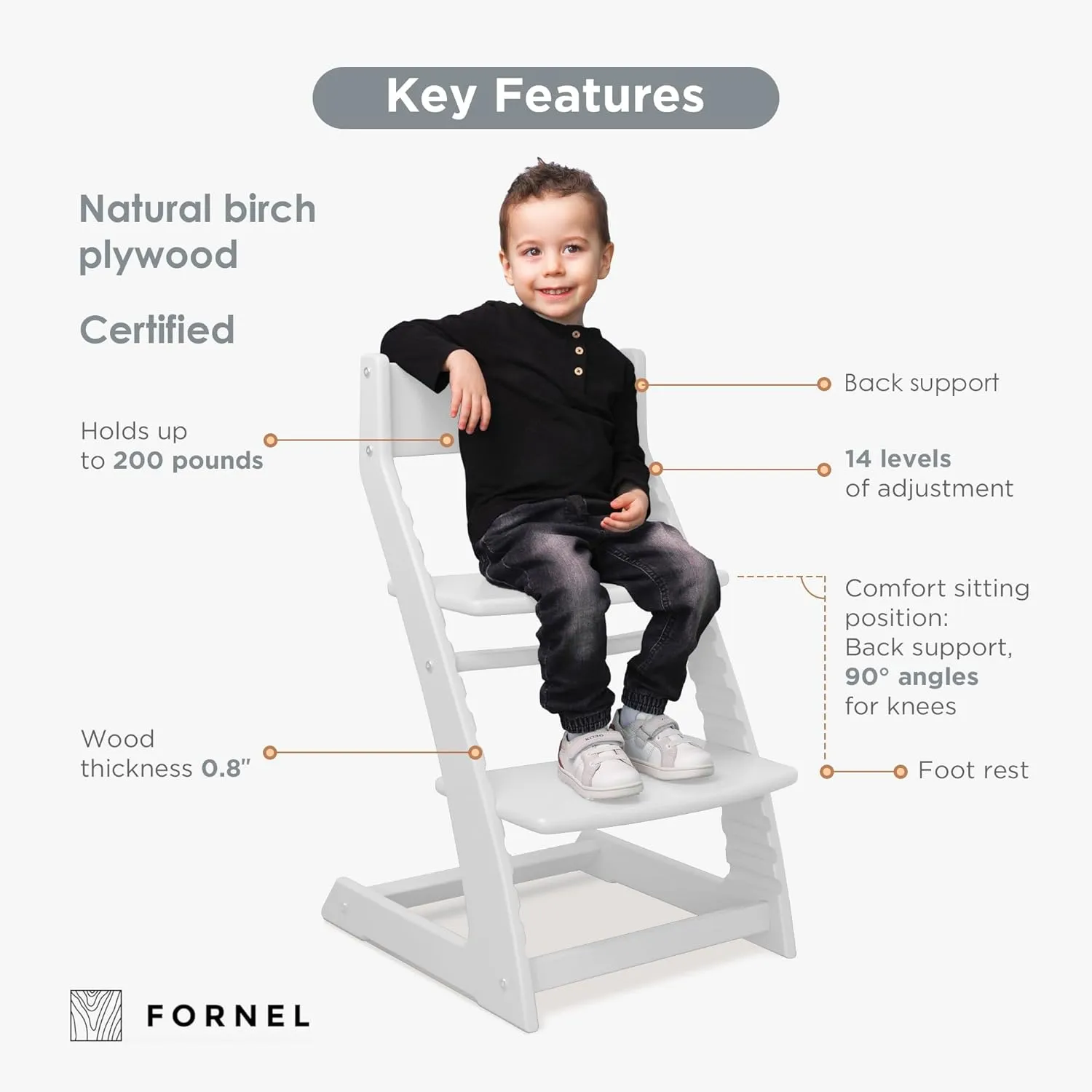 Fornel Wooden High Chair for Babies and Toddlers - Easy Clean Adjustable High Chair for Eating - Toddler HighChair for Dining Table - Montessori Baby highchair from 3 Years to 200 Lb, Grow with Child