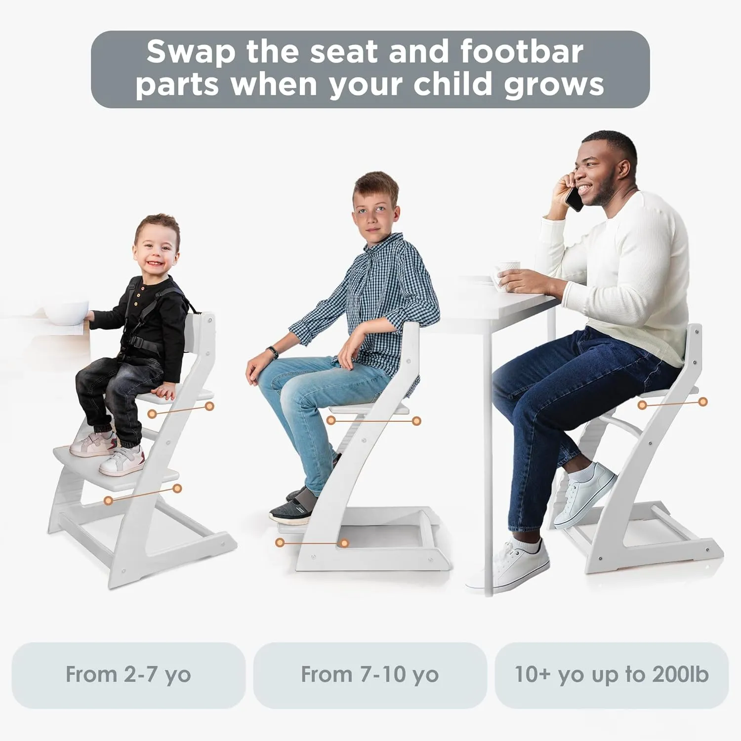 Fornel Wooden High Chair for Babies and Toddlers - Easy Clean Adjustable High Chair for Eating - Toddler HighChair for Dining Table - Montessori Baby highchair from 3 Years to 200 Lb, Grow with Child