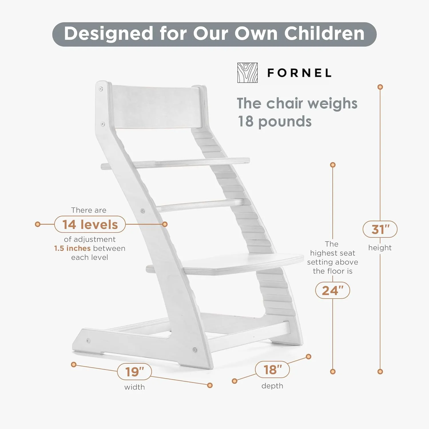 Fornel Wooden High Chair for Babies and Toddlers - Easy Clean Adjustable High Chair for Eating - Toddler HighChair for Dining Table - Montessori Baby highchair from 3 Years to 200 Lb, Grow with Child