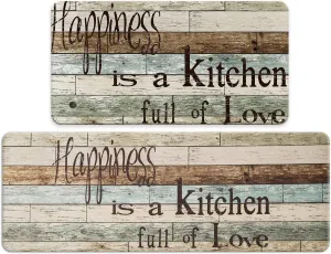 FRESHMINT Farmhouse Kitchen Mats Sets 2 Piece Cushioned Comfort Mat for Home & Office Ergonomically Engineered Memory Foam Kitchen Rug Waterproof Non-Skid, 30" by 17"   47" by 17",Happiness