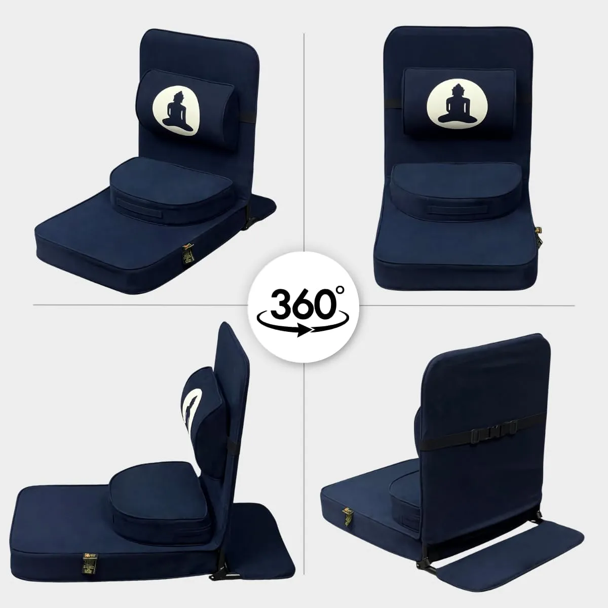 Friends Of Meditation Relaxing Buddha Meditation Chair | Detachable Rectangular Back Support & Zafu Cushion | Portable Folding Chair | with Back Support | Yoga Chairs for Adults | Navy Blue