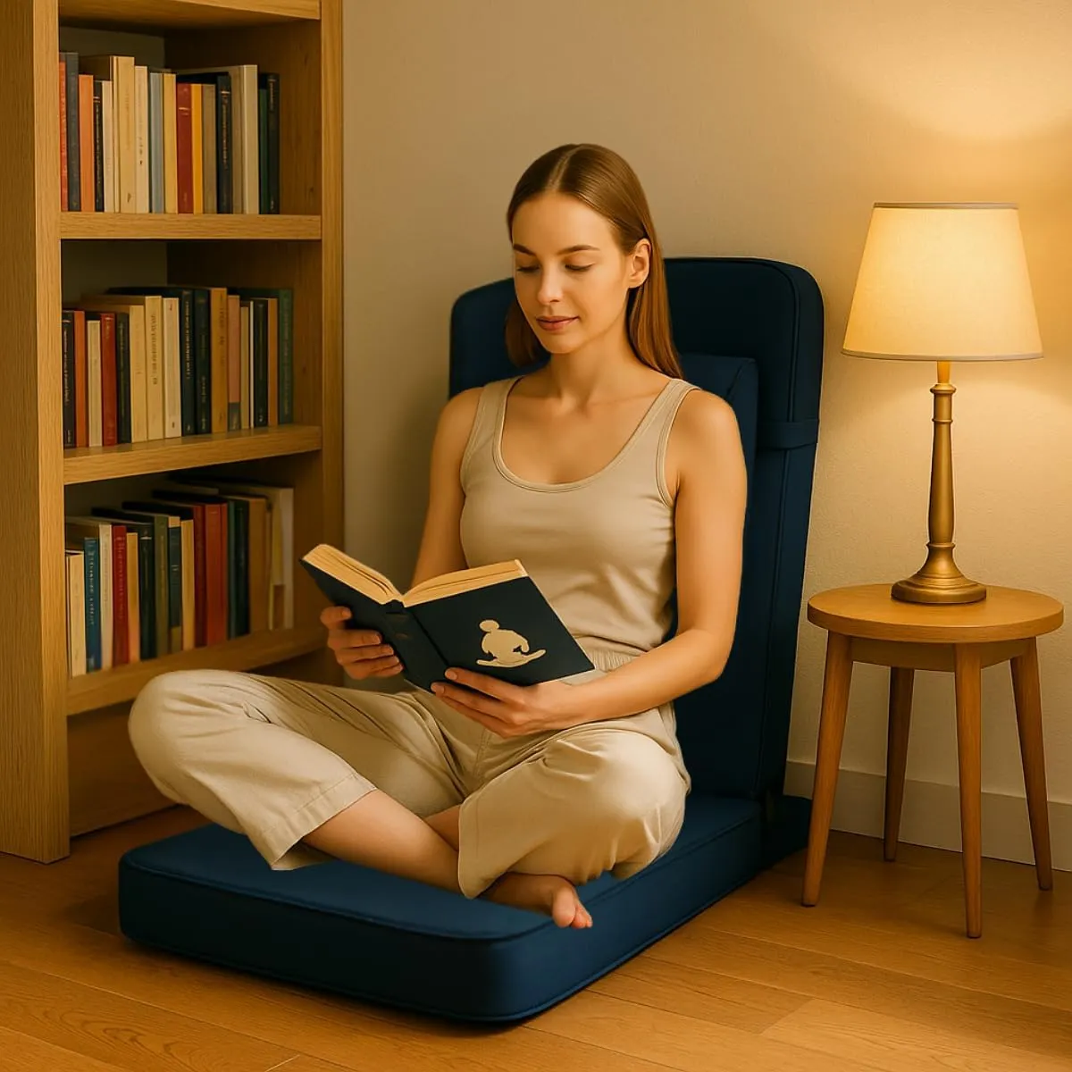 Friends Of Meditation Relaxing Buddha Meditation Chair | Detachable Rectangular Back Support & Zafu Cushion | Portable Folding Chair | with Back Support | Yoga Chairs for Adults | Navy Blue