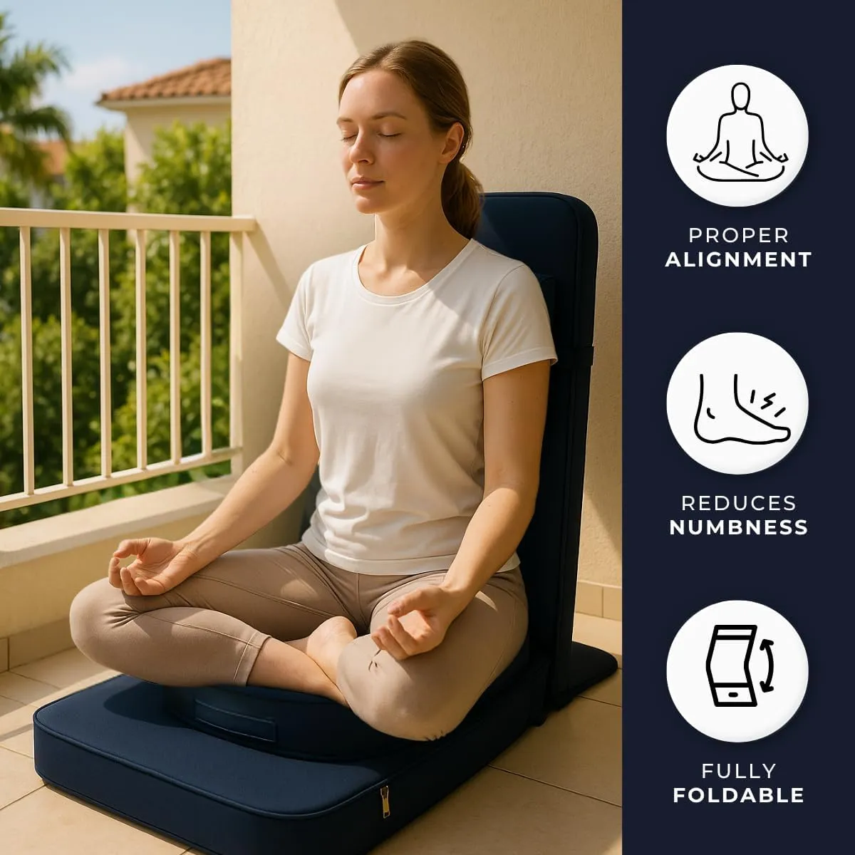 Friends Of Meditation Relaxing Buddha Meditation Chair | Detachable Rectangular Back Support & Zafu Cushion | Portable Folding Chair | with Back Support | Yoga Chairs for Adults | Navy Blue
