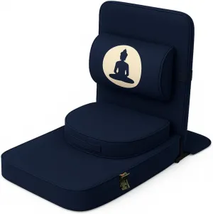 Friends Of Meditation Relaxing Buddha Meditation Chair | Detachable Rectangular Back Support & Zafu Cushion | Portable Folding Chair | with Back Support | Yoga Chairs for Adults | Navy Blue