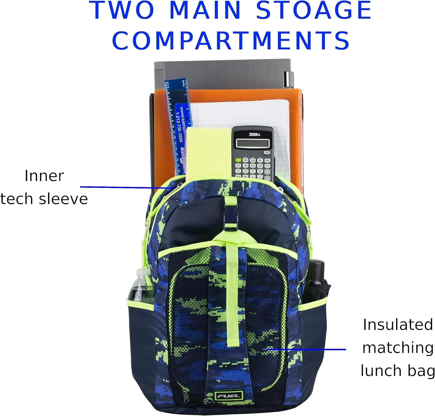 FUEL Lunch Backpack Set Teens Student Water Resistant Bookbag Bag Soft Reusable Insulated Cooler Lunch Box Thermal Travel Office Lunch Bag, Blue w/Neon Digital