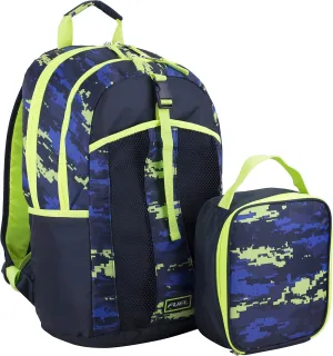 FUEL Lunch Backpack Set Teens Student Water Resistant Bookbag Bag Soft Reusable Insulated Cooler Lunch Box Thermal Travel Office Lunch Bag, Blue w/Neon Digital