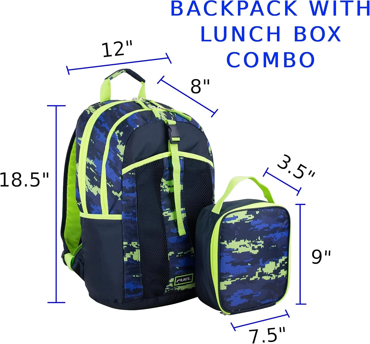 FUEL Lunch Backpack Set Teens Student Water Resistant Bookbag Bag Soft Reusable Insulated Cooler Lunch Box Thermal Travel Office Lunch Bag, Blue w/Neon Digital