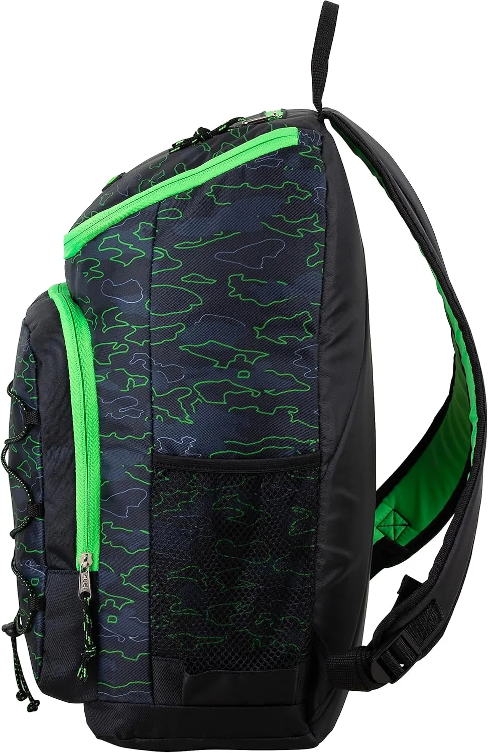 FUEL Wide Mouth Sports Luggage Backpack with Front Bungee and Inner Tech Pocket, Green Outline Camo