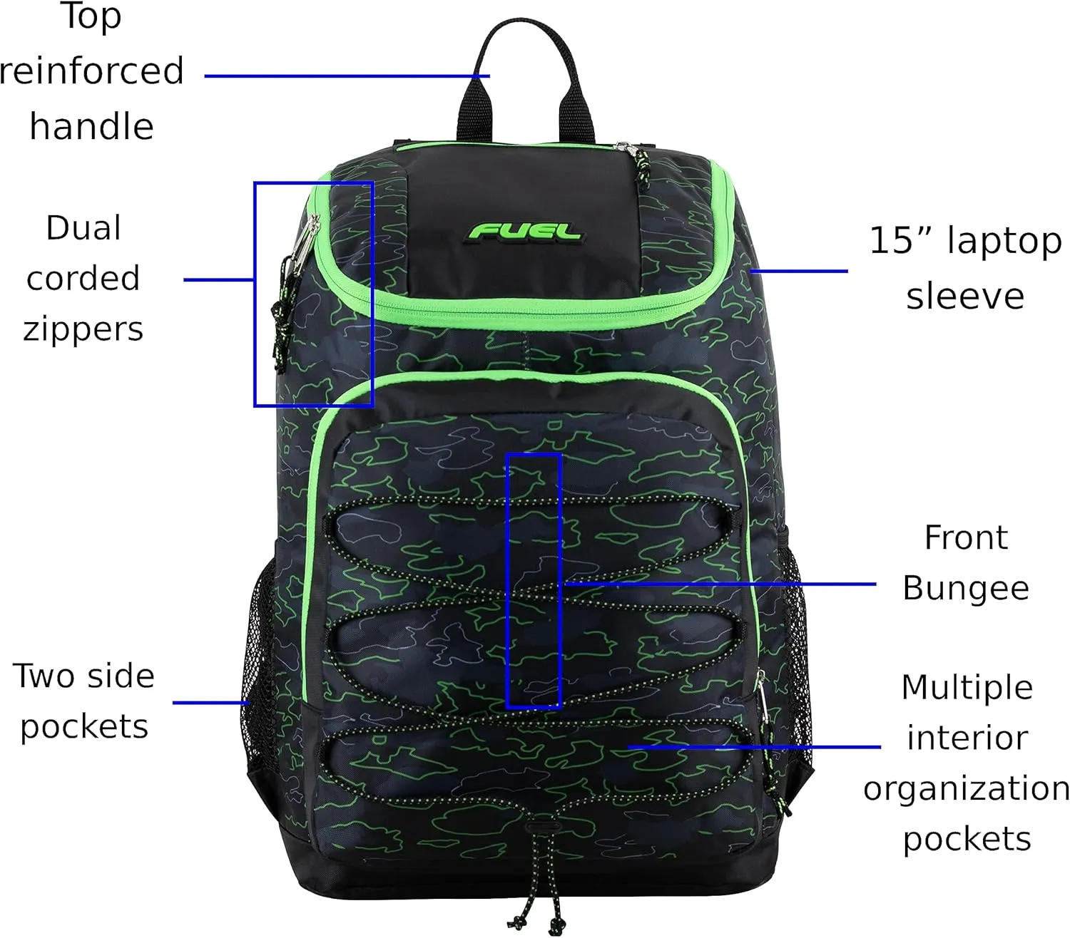 FUEL Wide Mouth Sports Luggage Backpack with Front Bungee and Inner Tech Pocket, Green Outline Camo