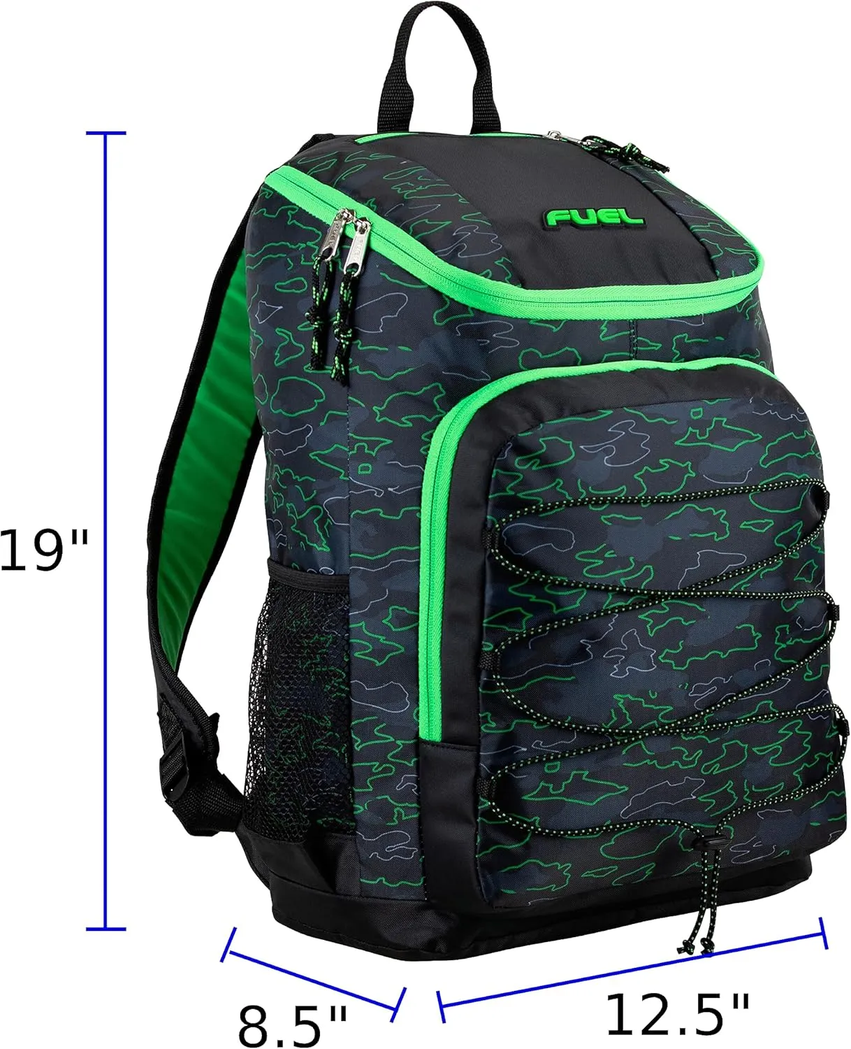 FUEL Wide Mouth Sports Luggage Backpack with Front Bungee and Inner Tech Pocket, Green Outline Camo